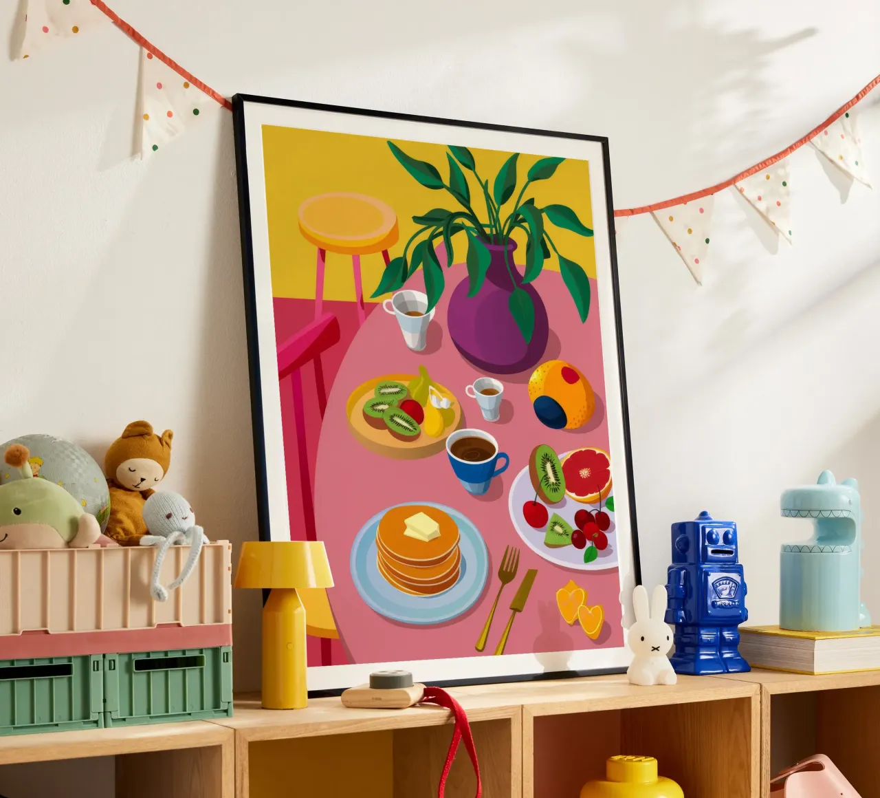 Pancake spalmati per la colazione poster con telaio in legno da Paez Harmony