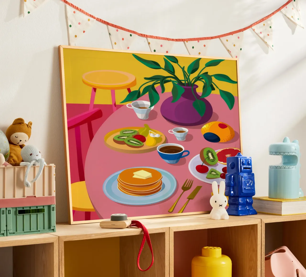 Pancake spalmati per la colazione poster con telaio in legno da Paez Harmony