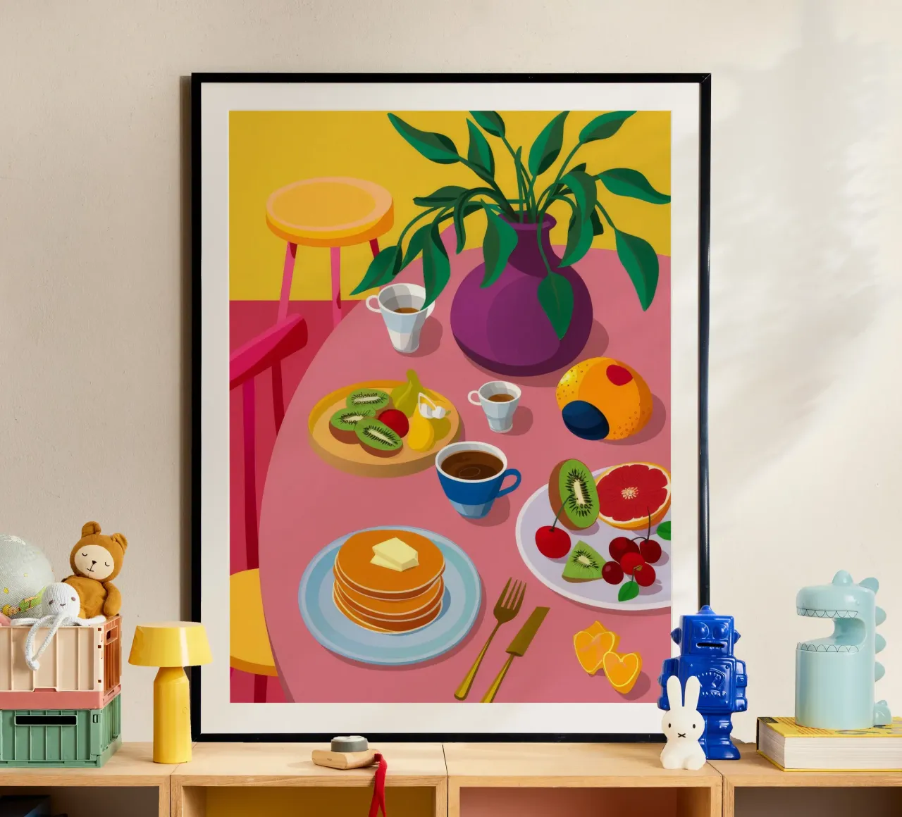 Pancake spalmati per la colazione poster con telaio in legno da Paez Harmony