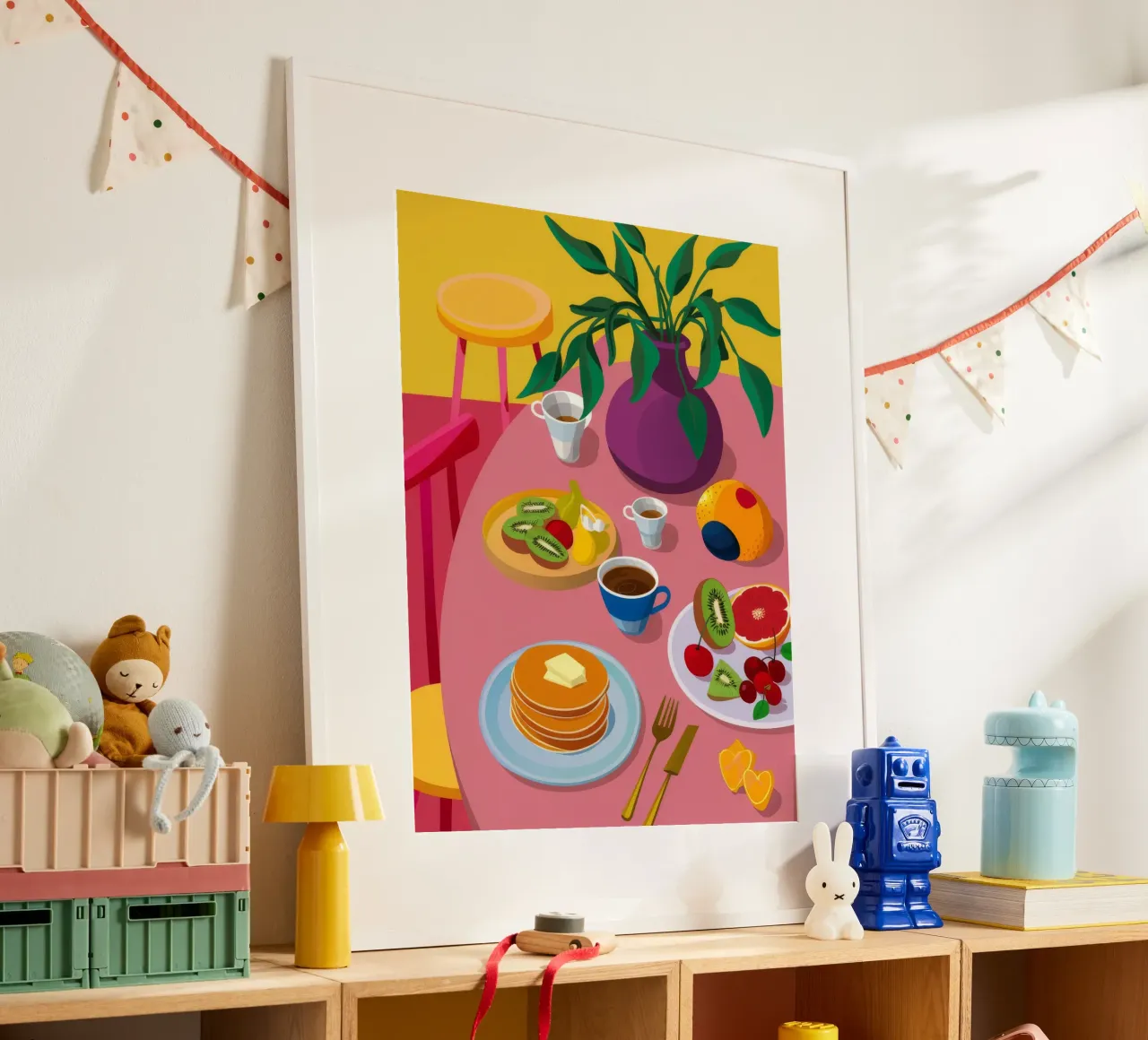 Pancake spalmati per la colazione poster con telaio in legno da Paez Harmony