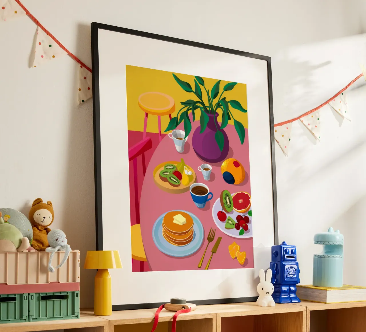 Pancake spalmati per la colazione poster con telaio in legno da Paez Harmony