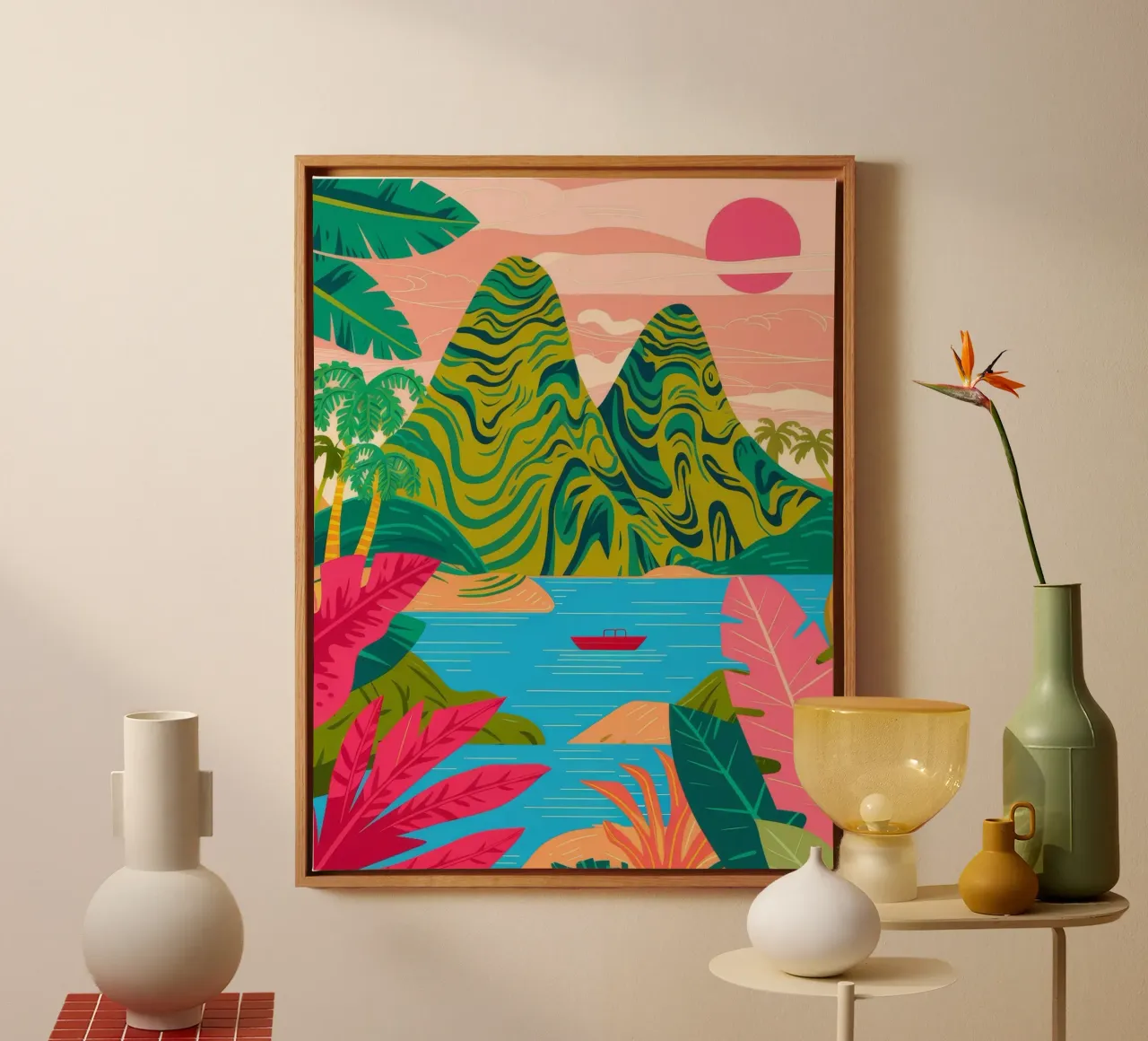 Sunset Mountain Lake canvas with Floater frame by Paez Harmony