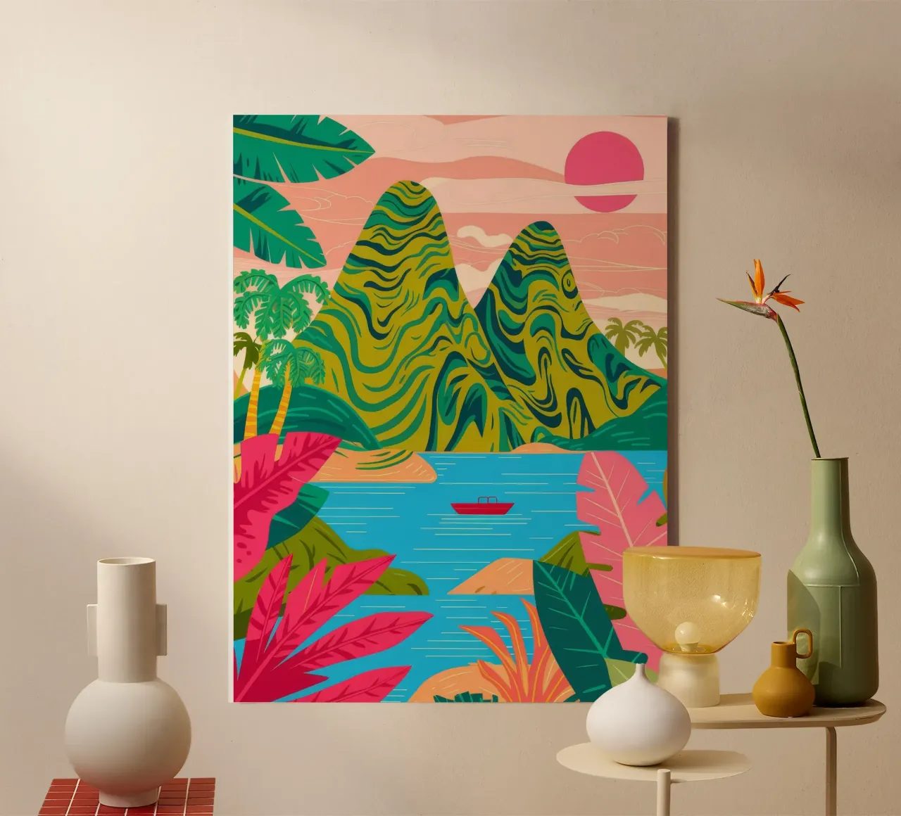 Sunset Mountain Lake canvas with Floater frame by Paez Harmony
