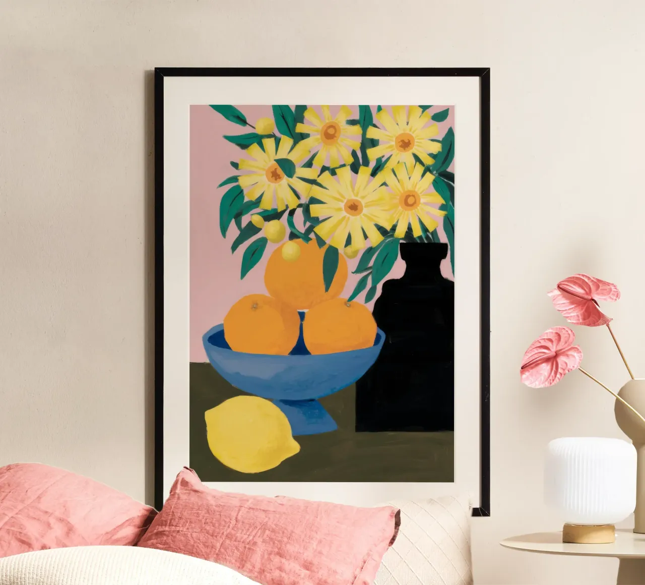Sagoma di gatto arancione poster con telaio in legno da Haven Mirage