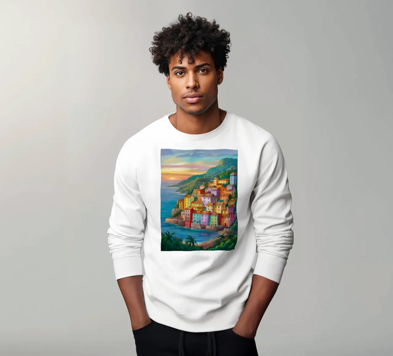 Sunset Coastal Village sweatshirt by Paez Harmony