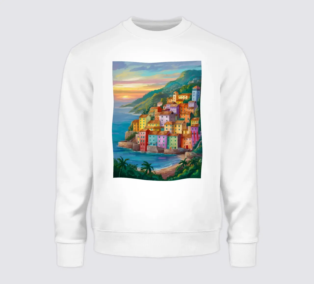 Sunset Coastal Village sweatshirt by Paez Harmony
