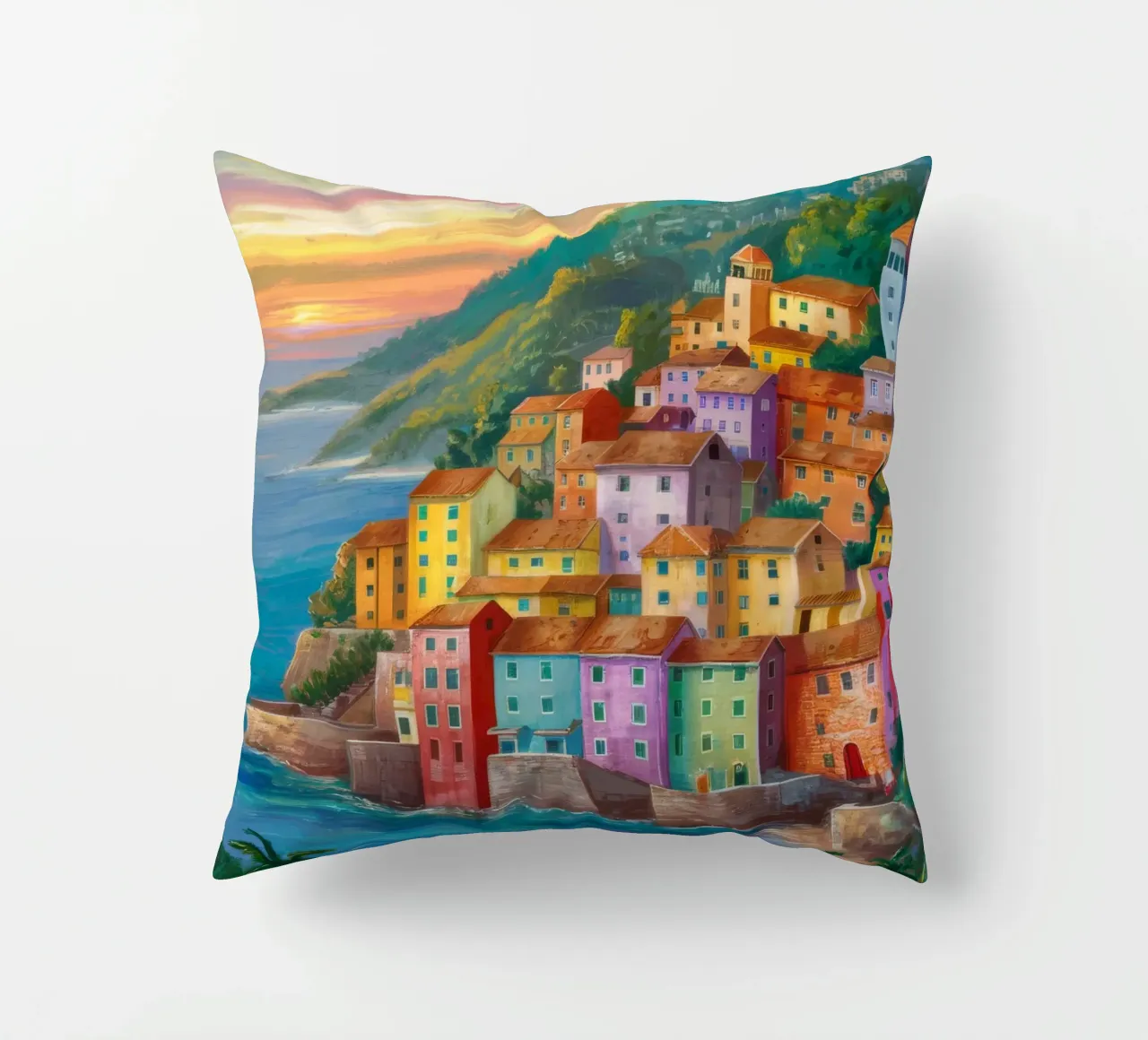 Sunset Coastal Village decorative cushion by Paez Harmony