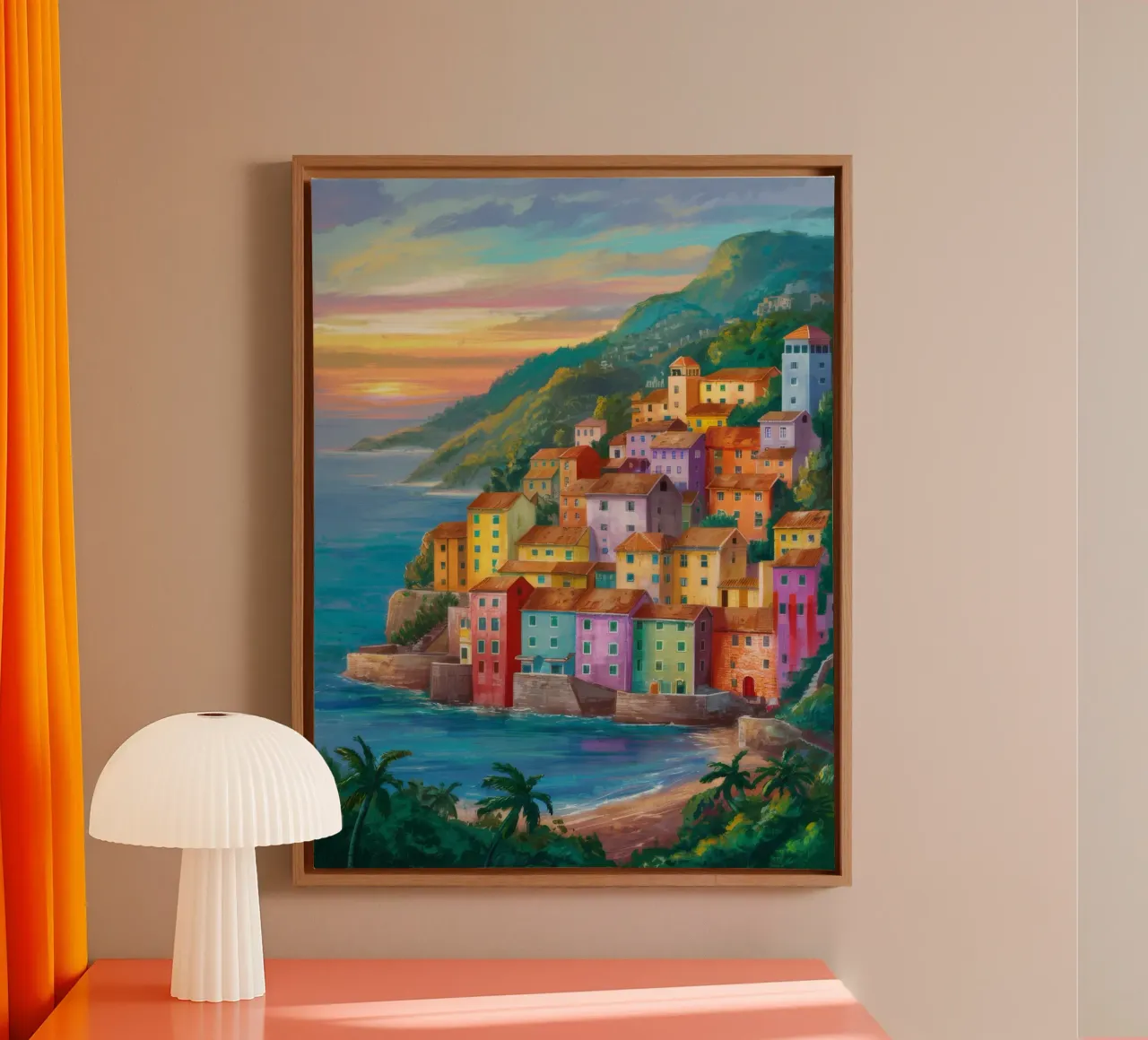 Kustdorp met zonsondergang canvas van Paez Harmony