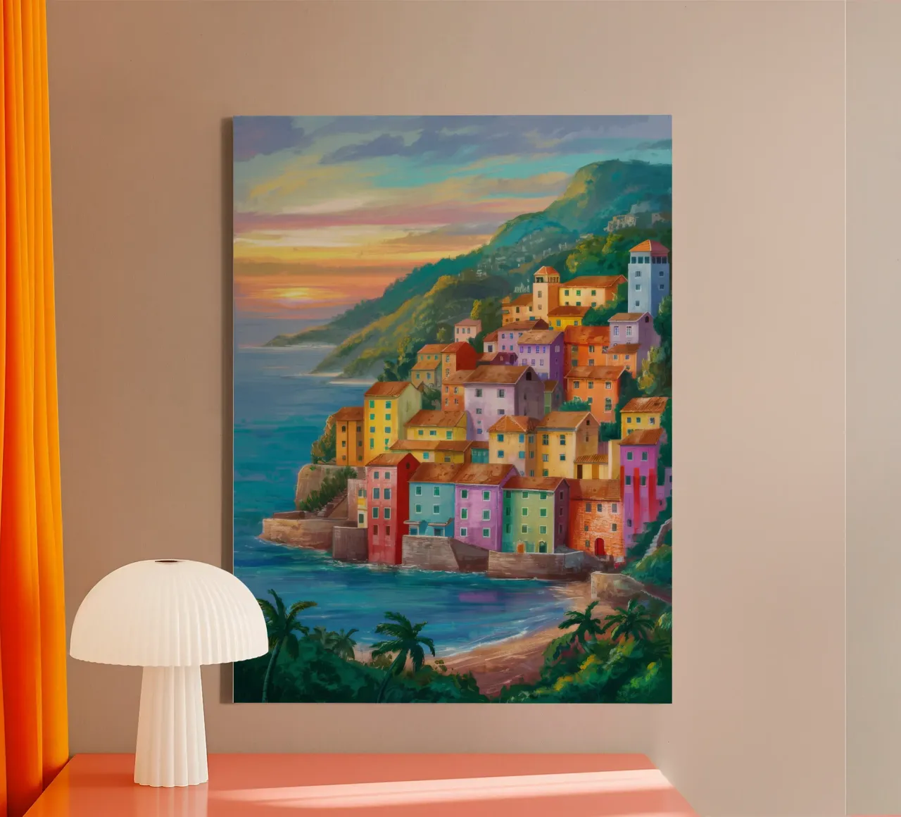 Kustdorp met zonsondergang canvas van Paez Harmony
