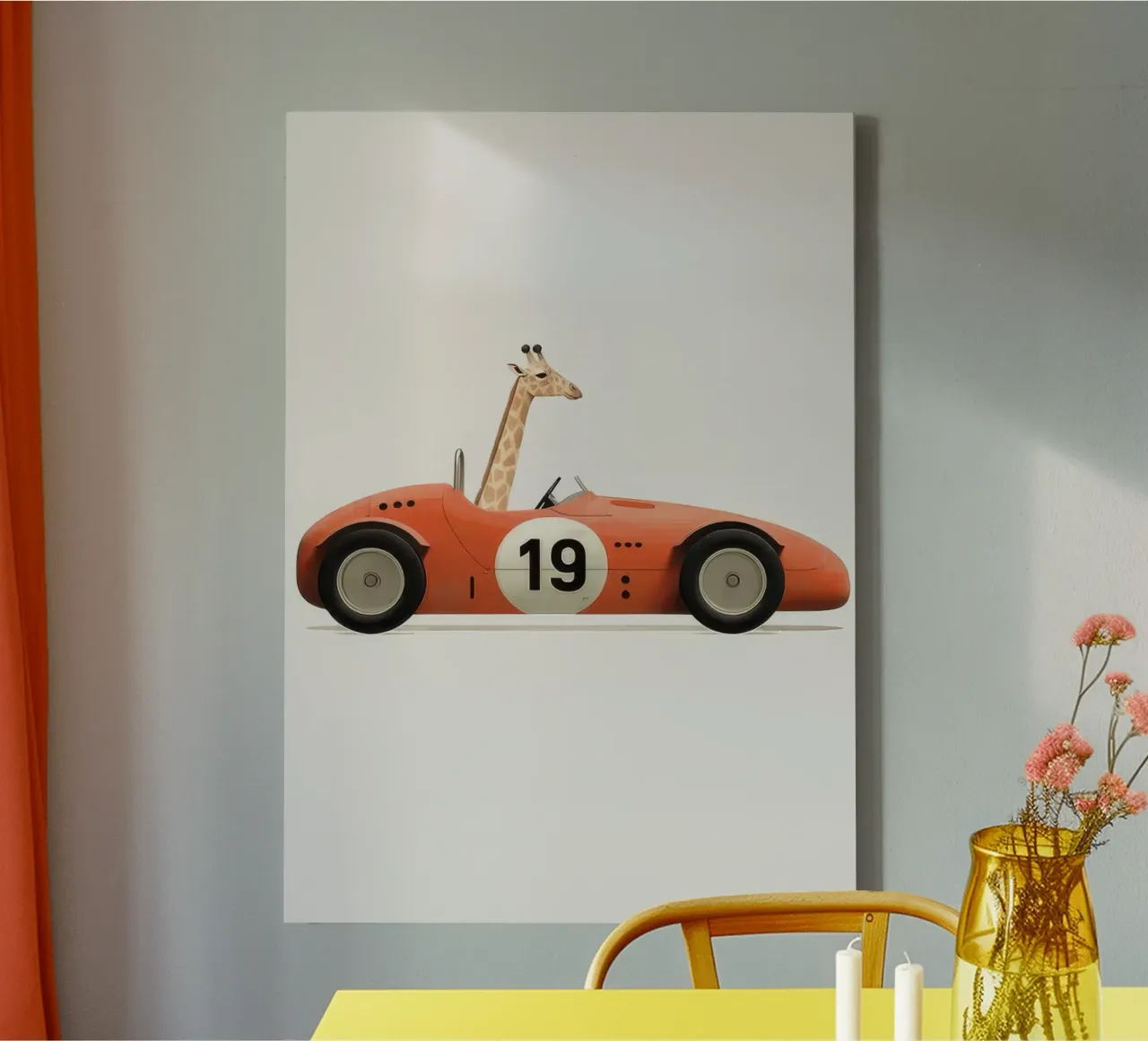 Giraffe in speelgoedauto canvas met Baklijst van Beauty wall