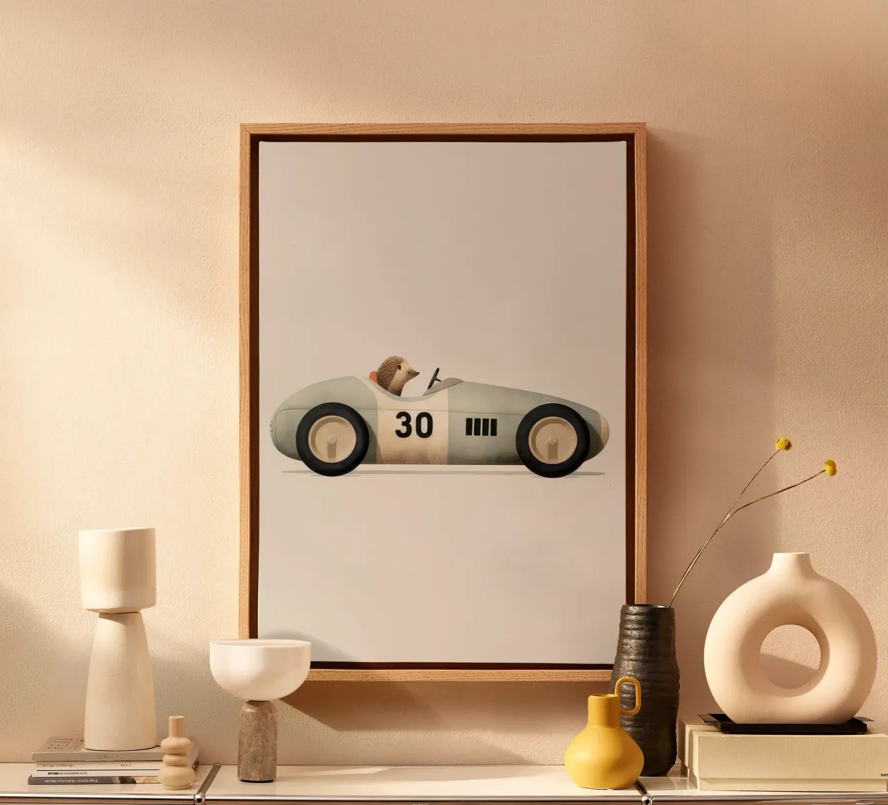 Egel in speelgoedauto canvas met Baklijst van Beauty wall