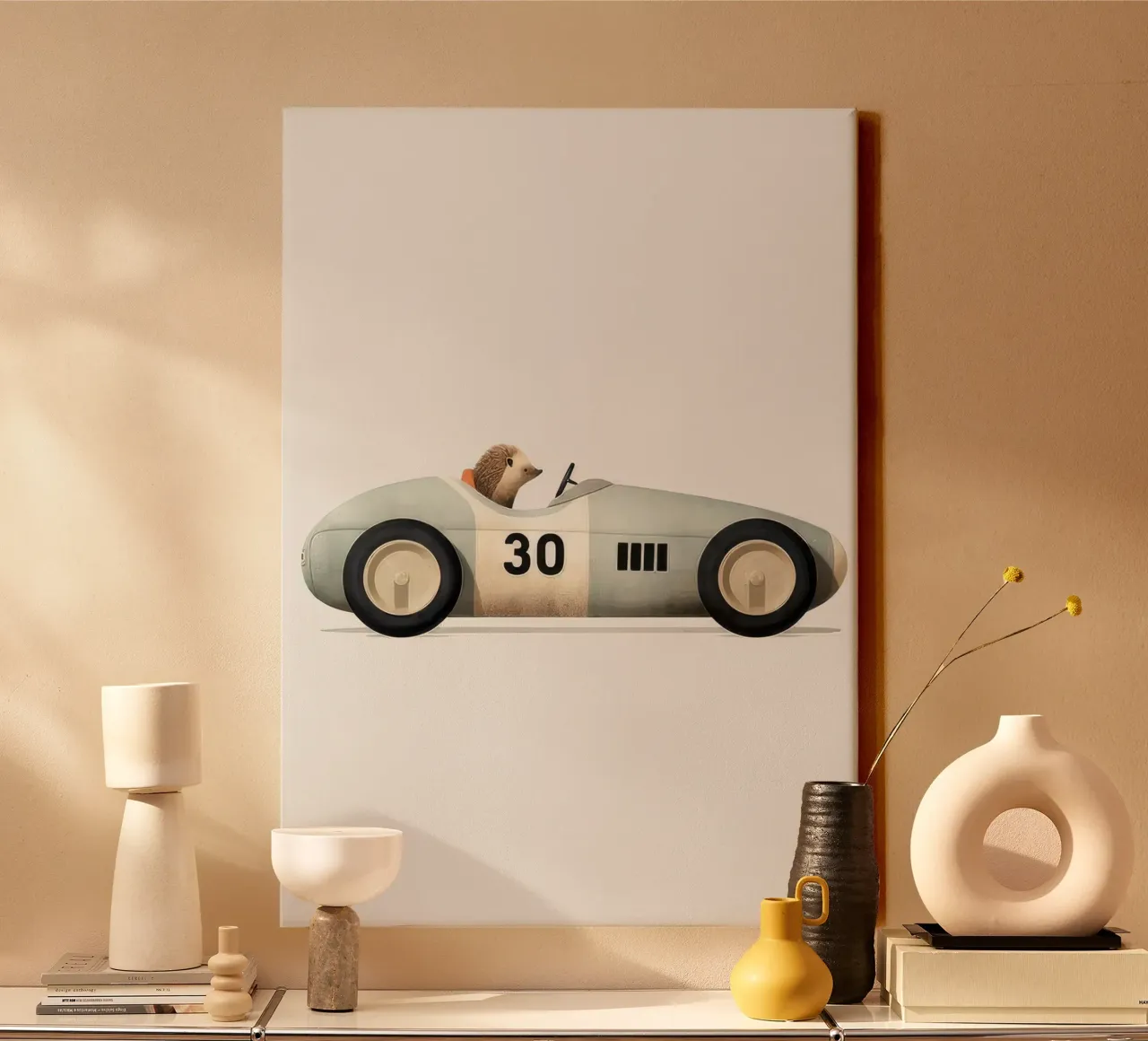 Egel in speelgoedauto canvas met Baklijst van Beauty wall