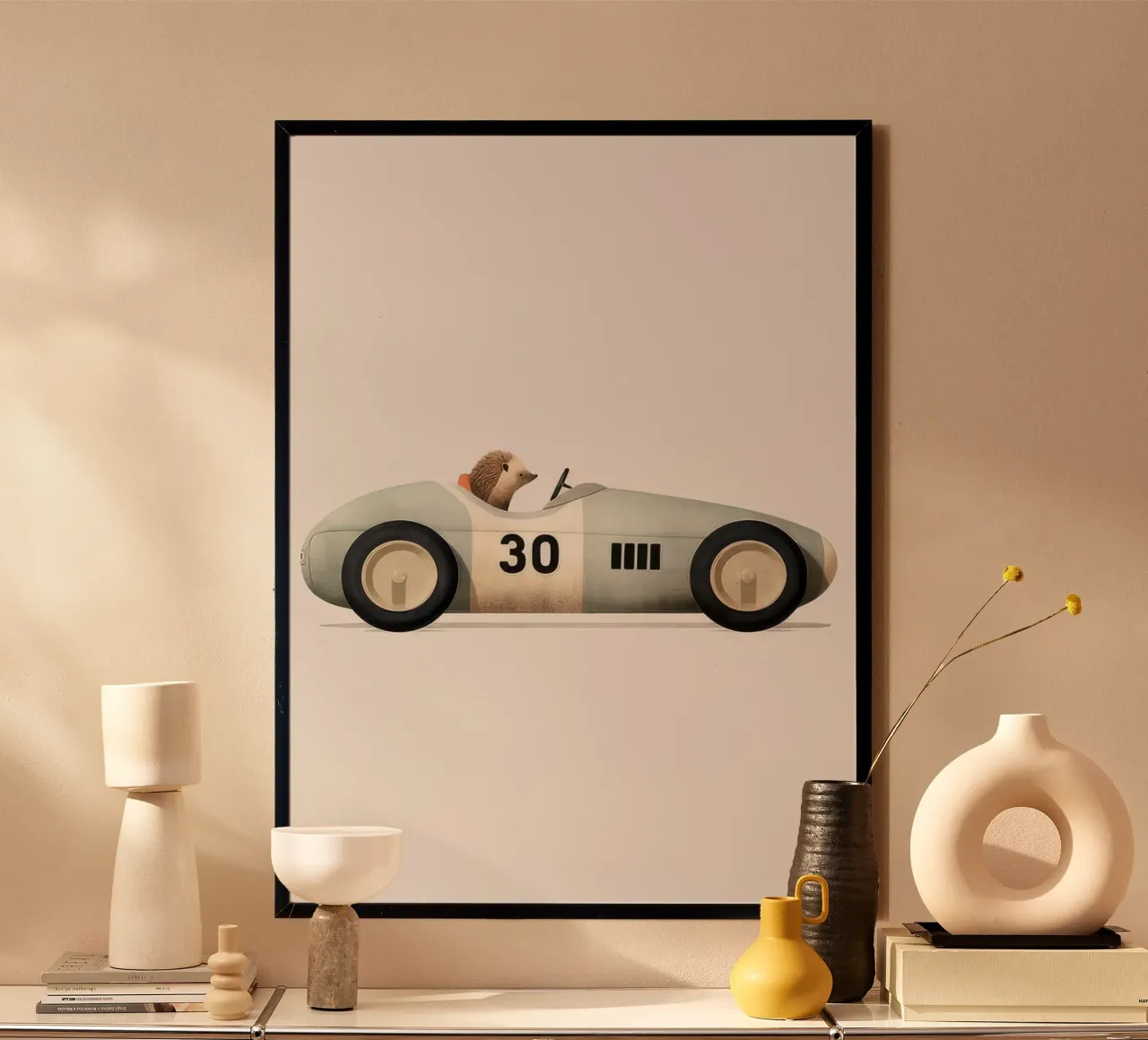 Igel im Spielzeugauto Poster mit Aluminium Rahmen von Beauty wall
