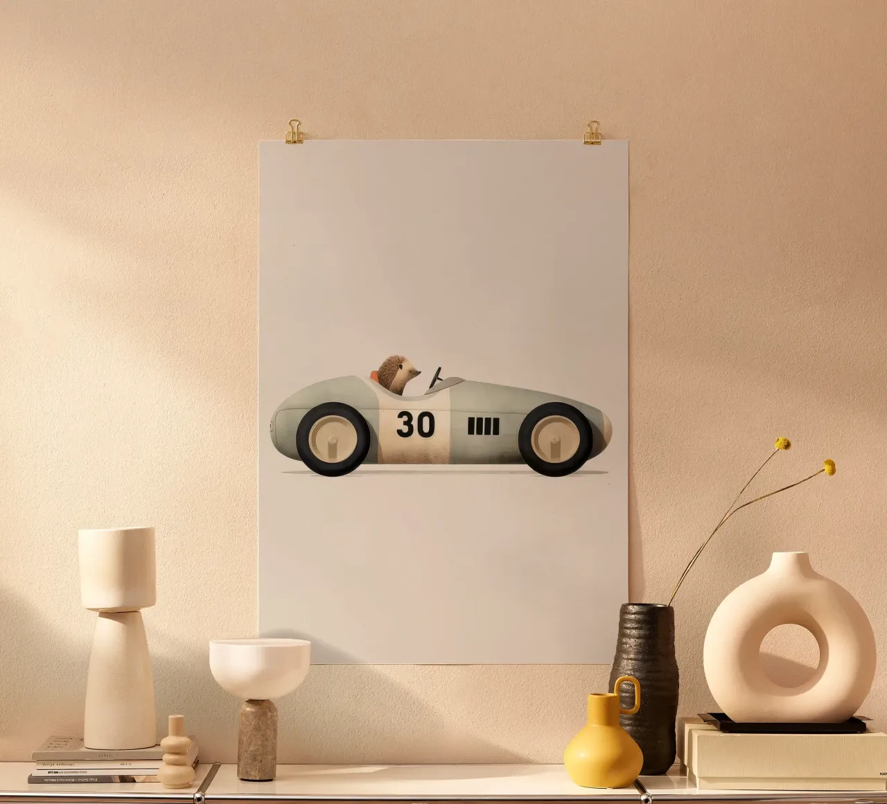 Igel im Spielzeugauto Poster mit Aluminium Rahmen von Beauty wall