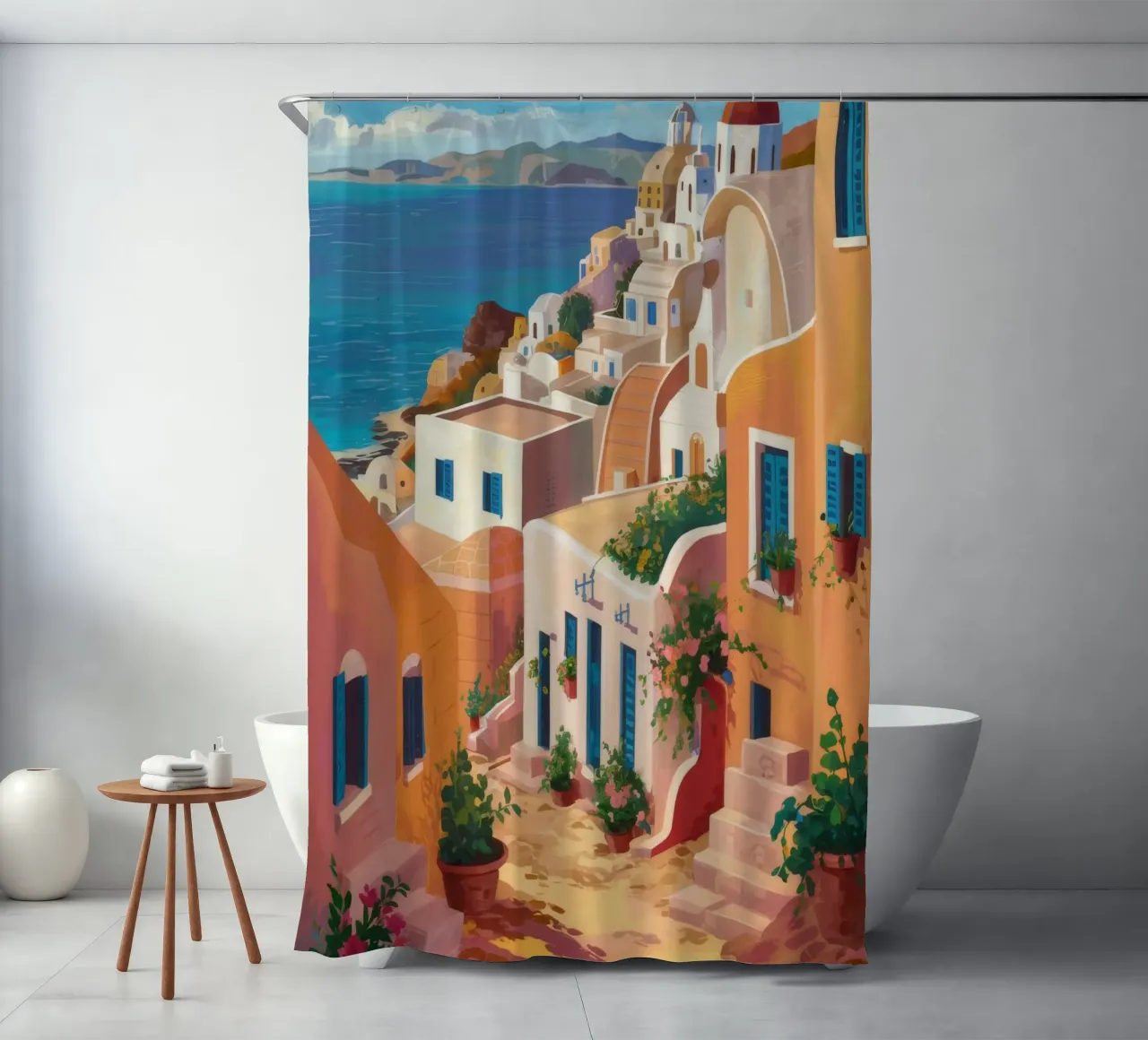 Santorini Meerblick Duschvorhang von Paez Harmony
