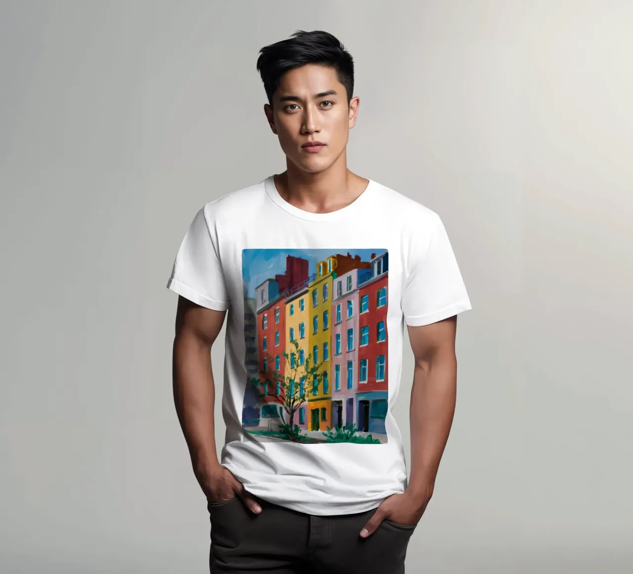 Urbane Regenbogenfassaden T-Shirt von Haven Mirage