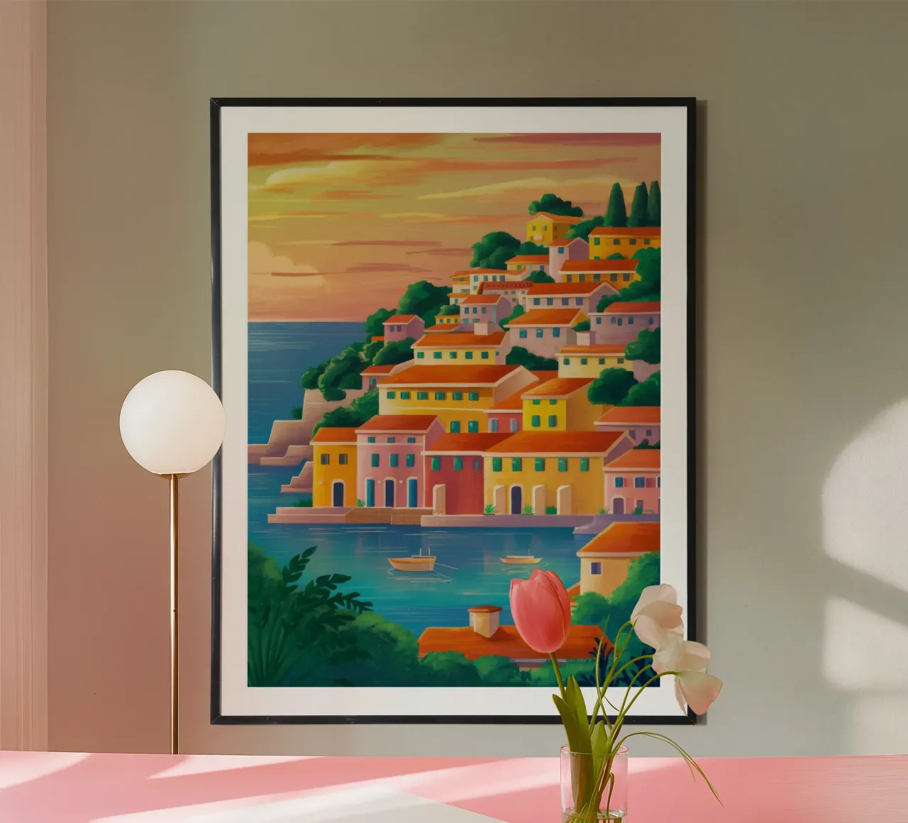 Portofino Golden Hour poster con telaio in legno da Paez Harmony