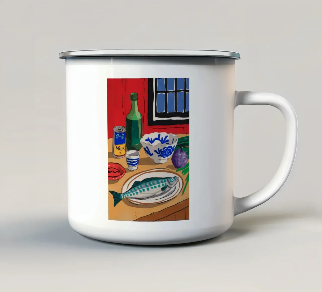 Makrelen-Stillleben Emaille Tasse von Haven Mirage