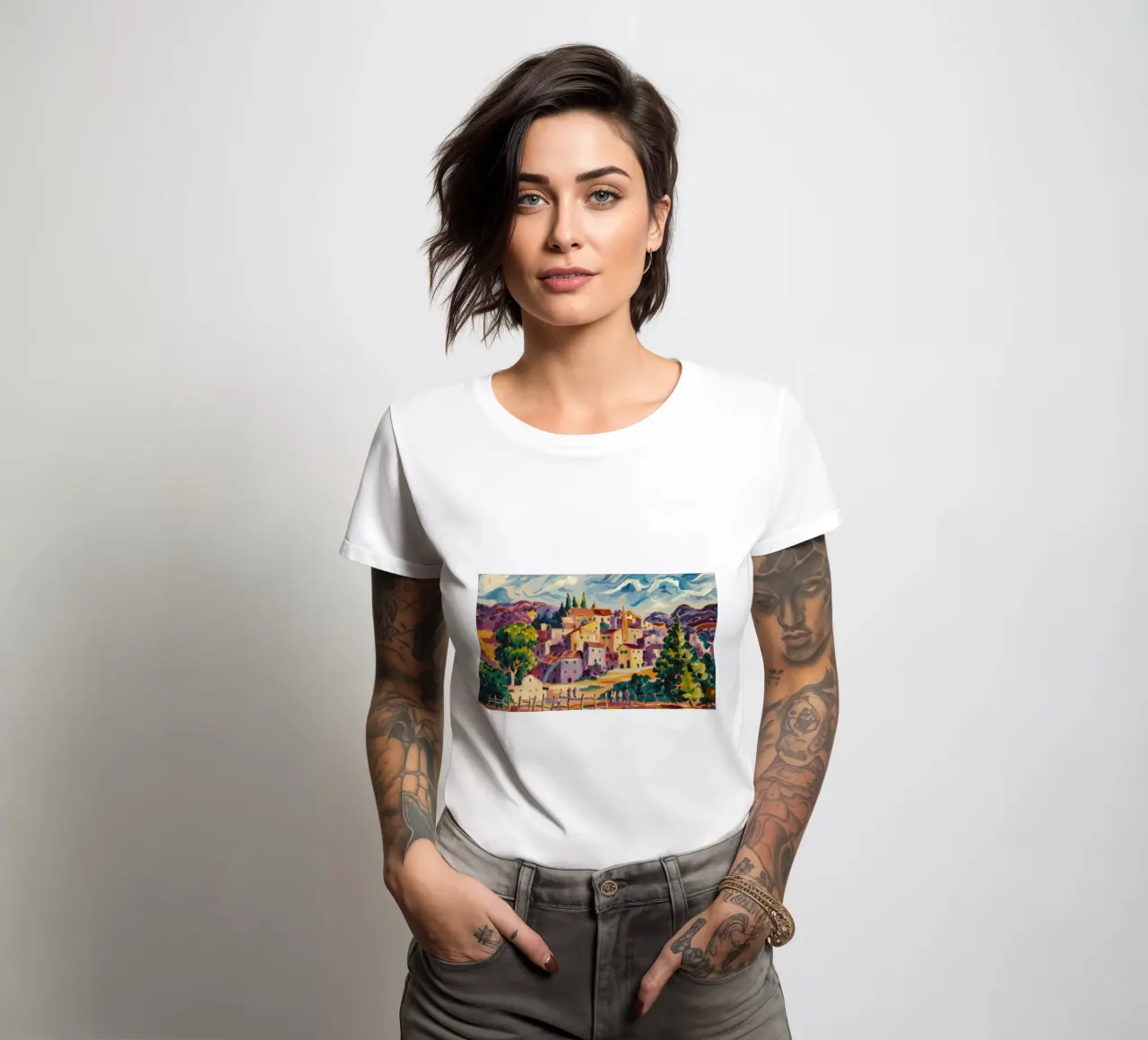 Sunlit Hillside Town women's fitted t-shirt by Lush Essence