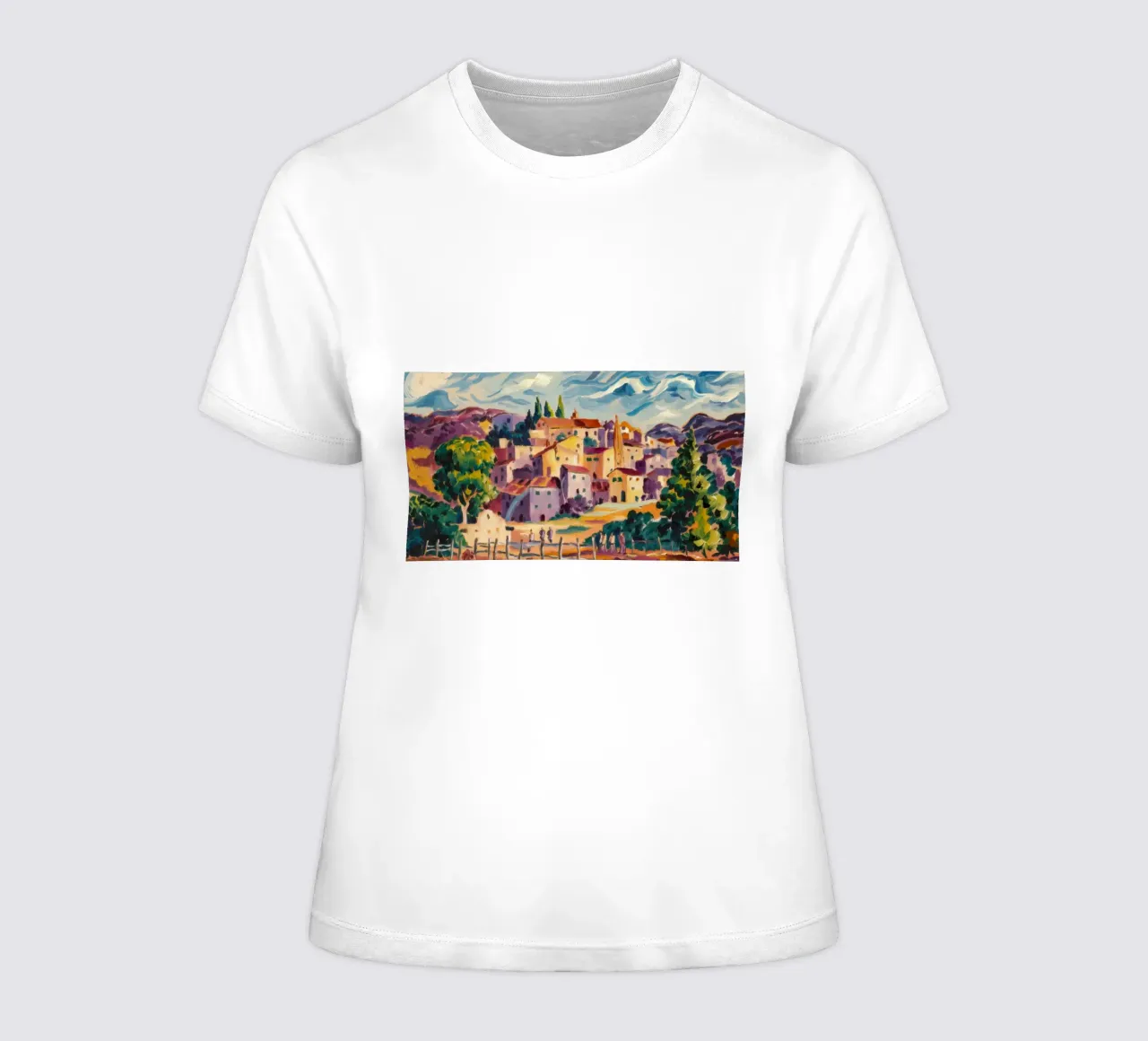 Sunlit Hillside Town women's fitted t-shirt by Lush Essence