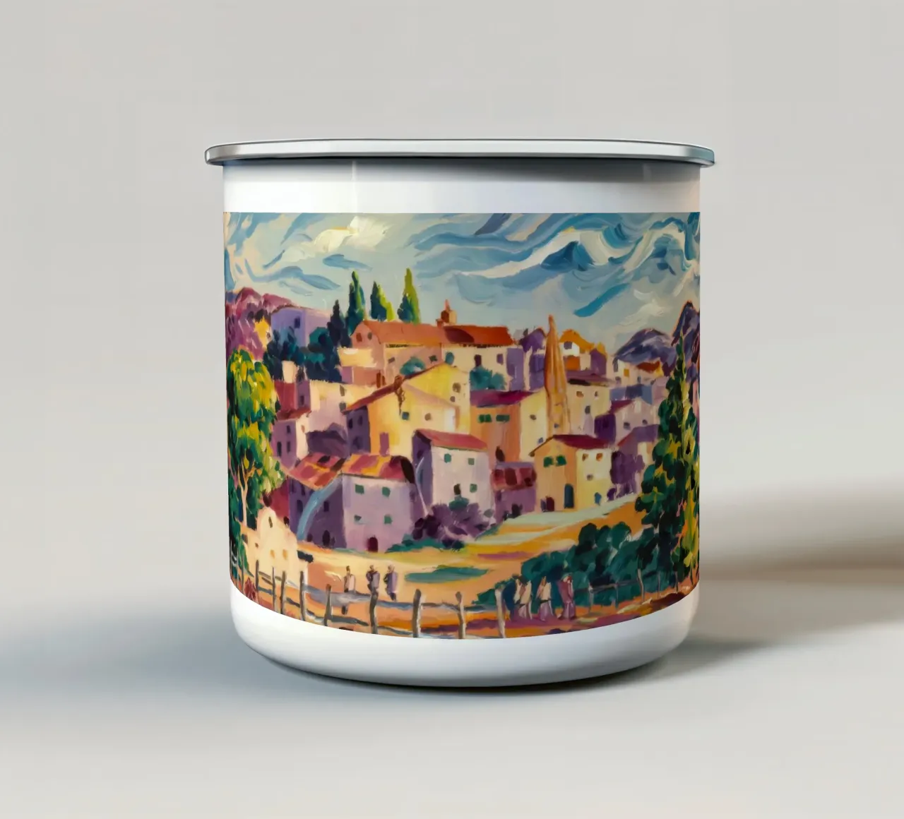 Città collinare illuminata dal sole tazza in smalto da Lush Essence