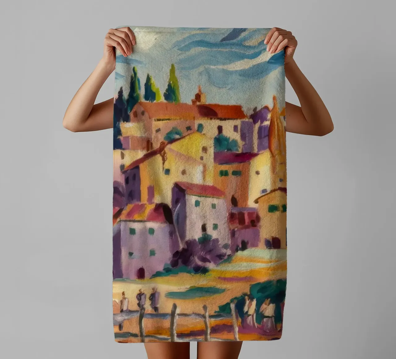 Città collinare illuminata dal sole asciugamano da bagno da Lush Essence