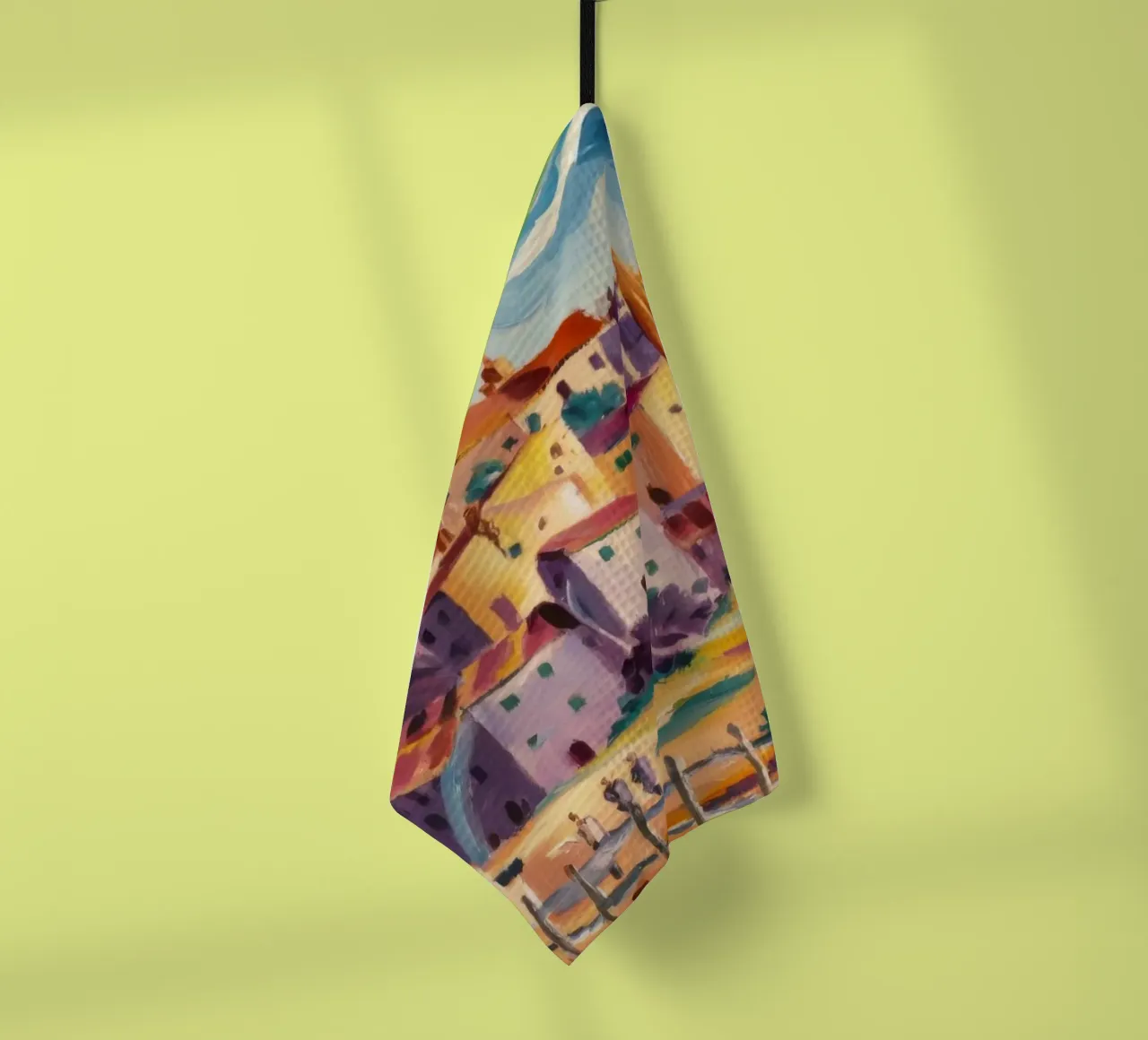 Città collinare illuminata dal sole canovaccio da cucina da Lush Essence