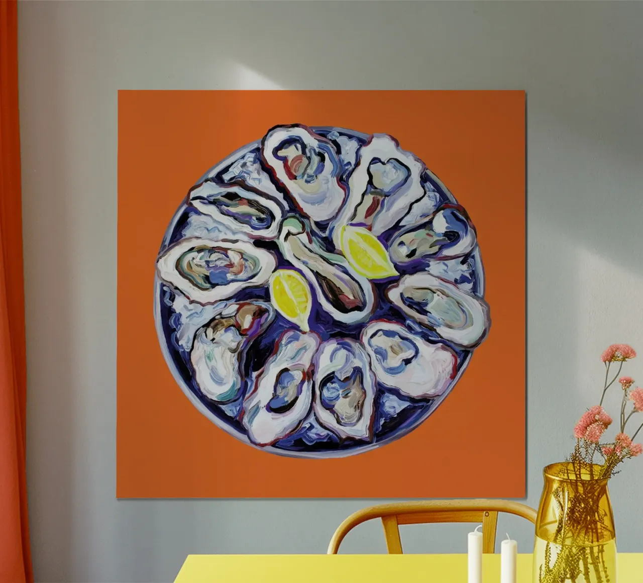 Oysters On A Plate Orange poster con telaio in alluminio da Alice Straker