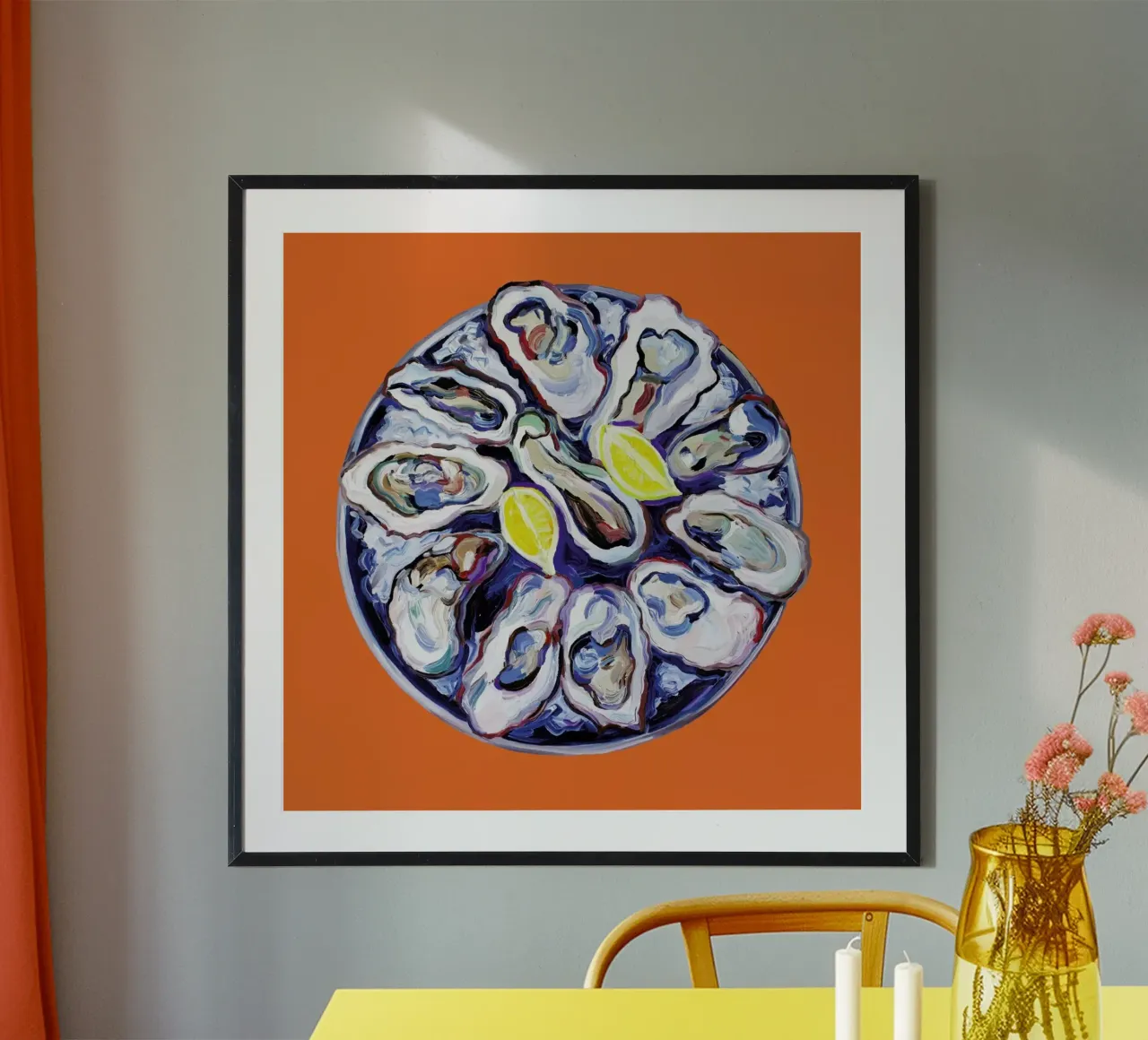 Oysters On A Plate Orange poster con telaio in alluminio da Alice Straker