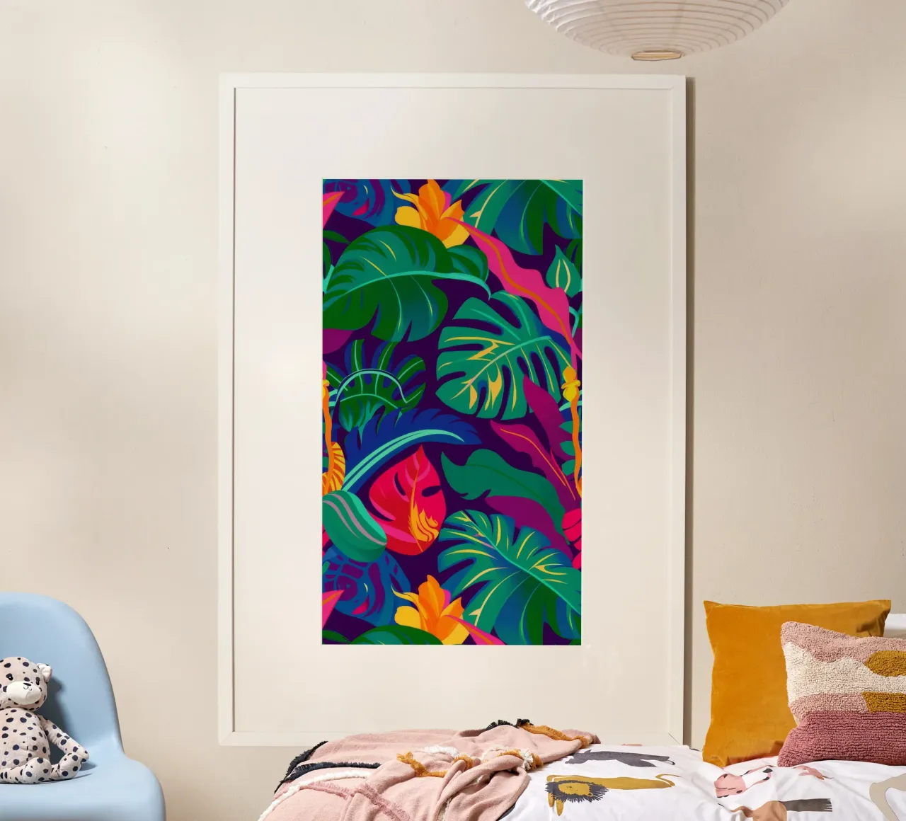 Giungla di pappagalli cremisi poster con telaio in legno da Grande Serene