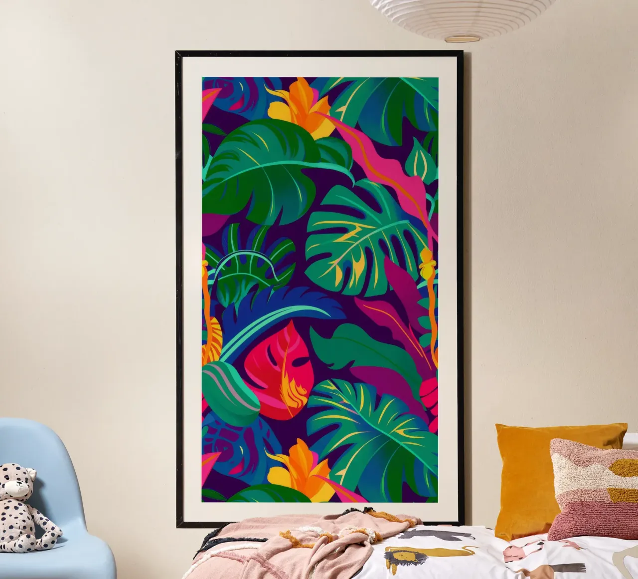 Giungla di pappagalli cremisi poster con telaio in legno da Grande Serene