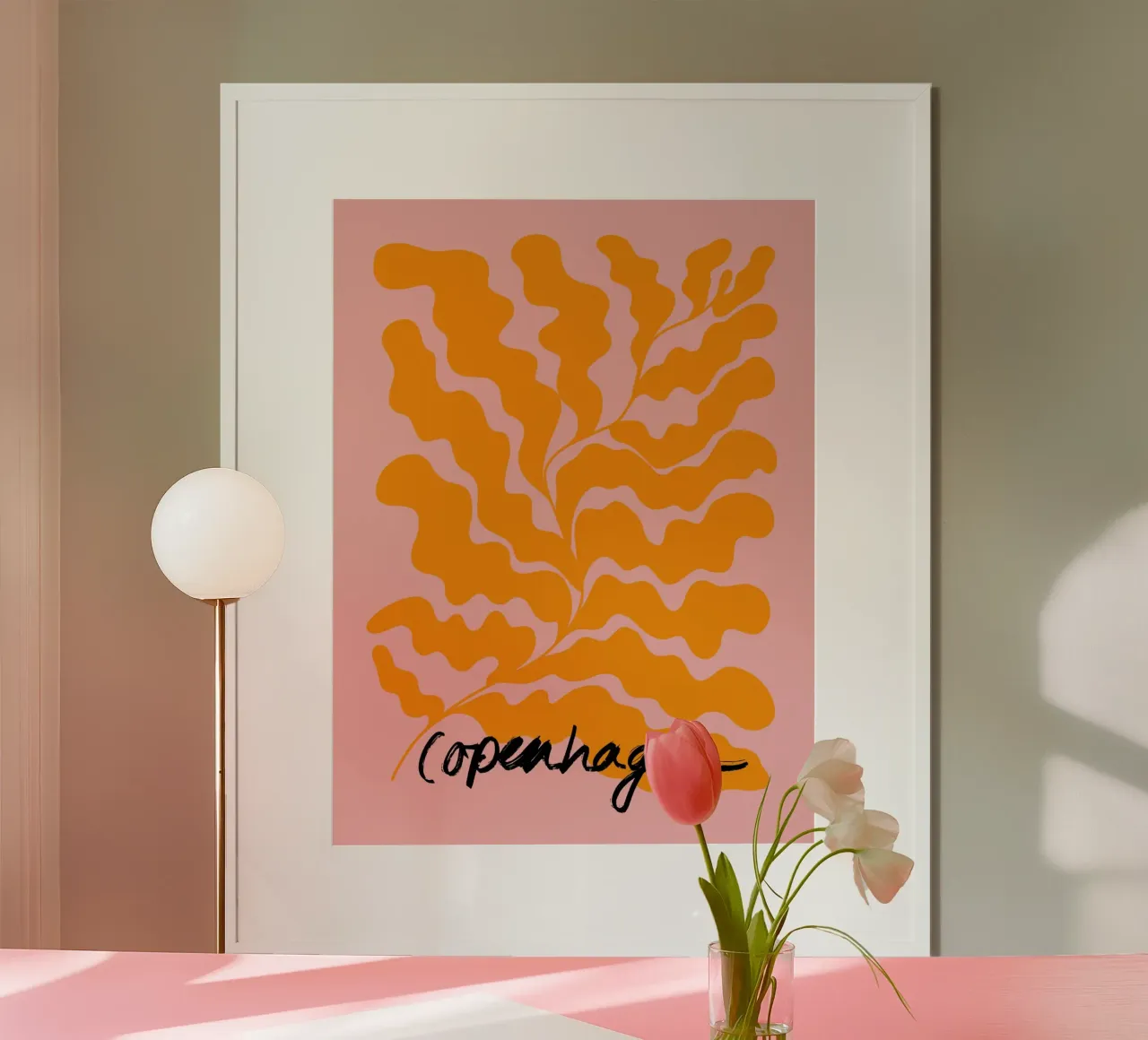 Pink and Orange Leaf Copenhagen Art poster con telaio in legno da GraceDigitalArtCo