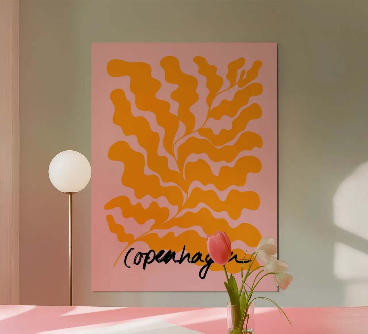 Pink and Orange Leaf Copenhagen Art poster con telaio in legno da GraceDigitalArtCo