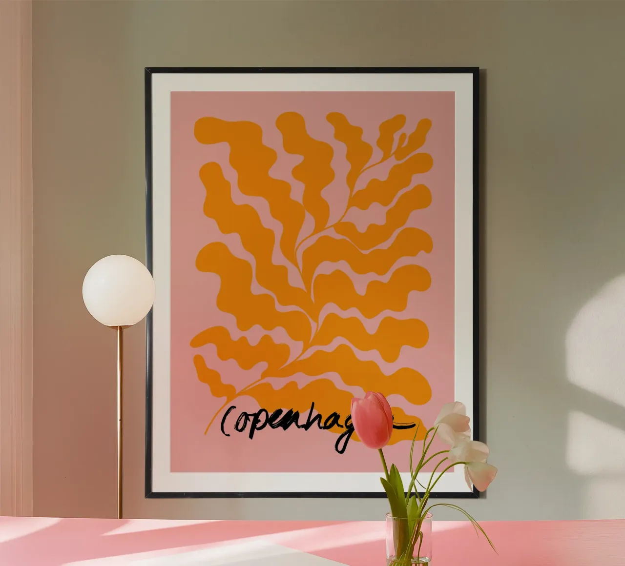 Pink and Orange Leaf Copenhagen Art poster con telaio in legno da GraceDigitalArtCo