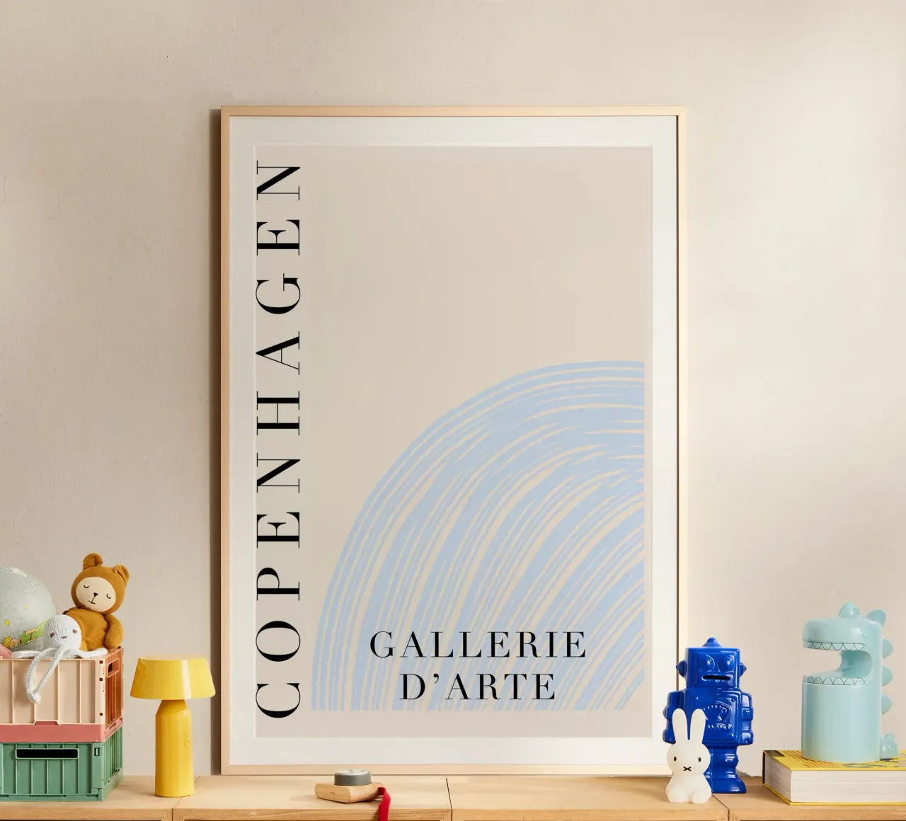 Blue and Beige Copenhagen Art poster con telaio in alluminio da GraceDigitalArtCo