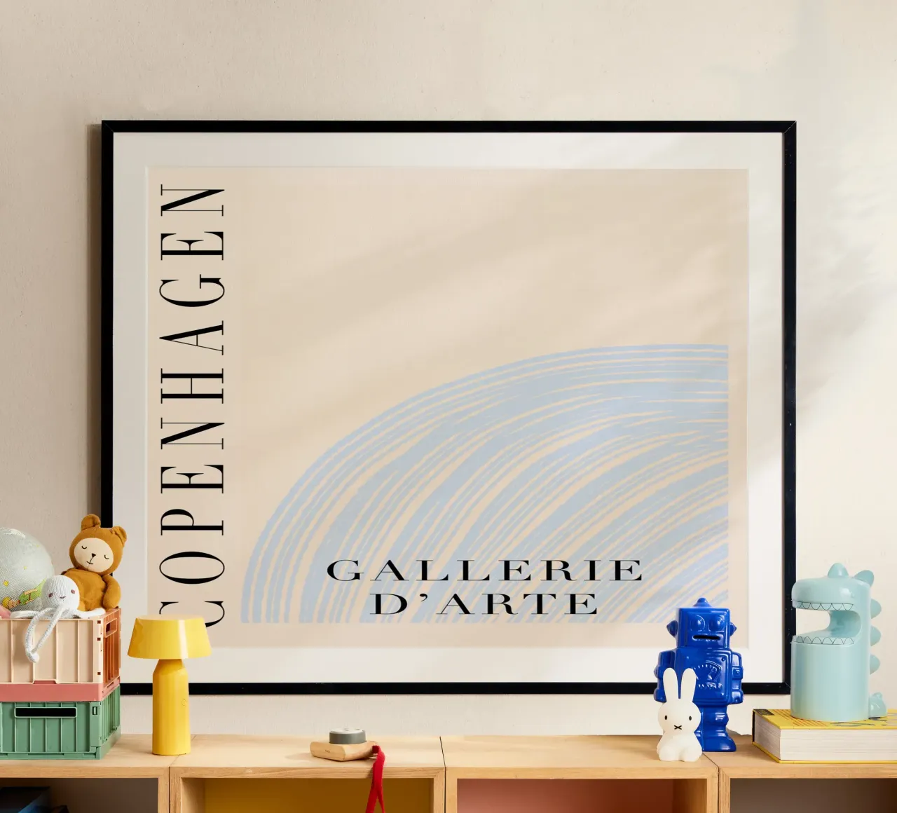 Blue and Beige Copenhagen Art poster con telaio in alluminio da GraceDigitalArtCo
