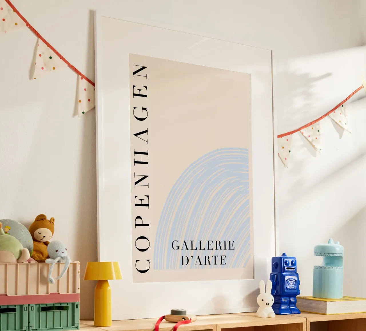 Blue and Beige Copenhagen Art poster con telaio in alluminio da GraceDigitalArtCo