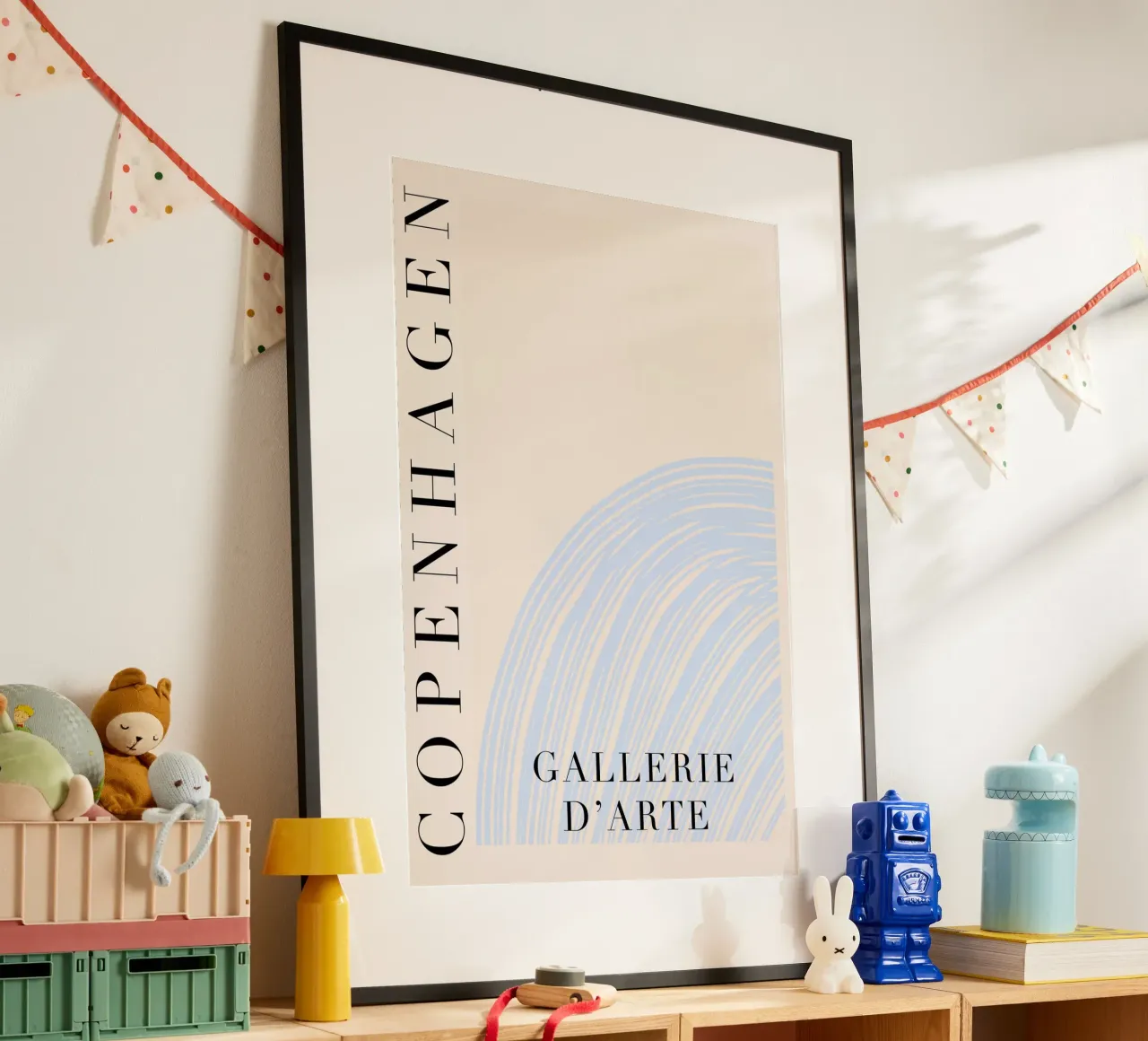Blue and Beige Copenhagen Art poster con telaio in alluminio da GraceDigitalArtCo