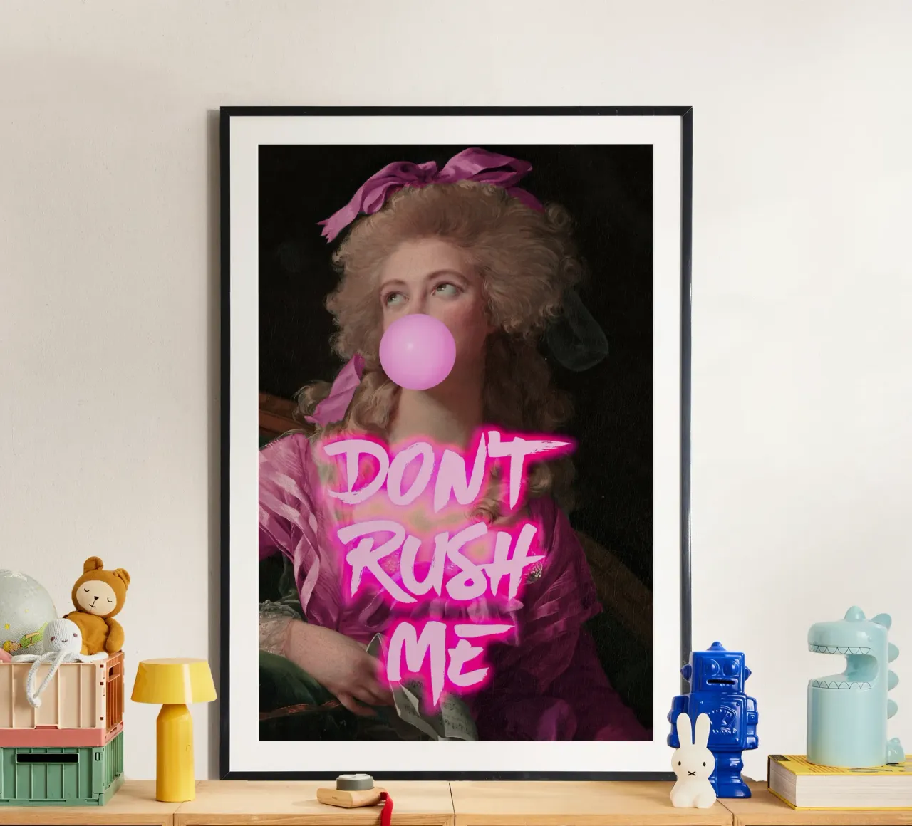 Neon Don't Rush Me Feminine Bubble Gum Art poster con telaio in legno da GraceDigitalArtCo