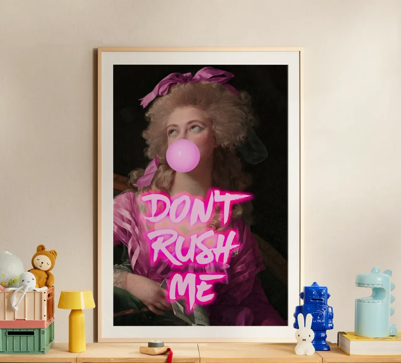Neon Don't Rush Me Feminine Bubble Gum Art poster con telaio in legno da GraceDigitalArtCo