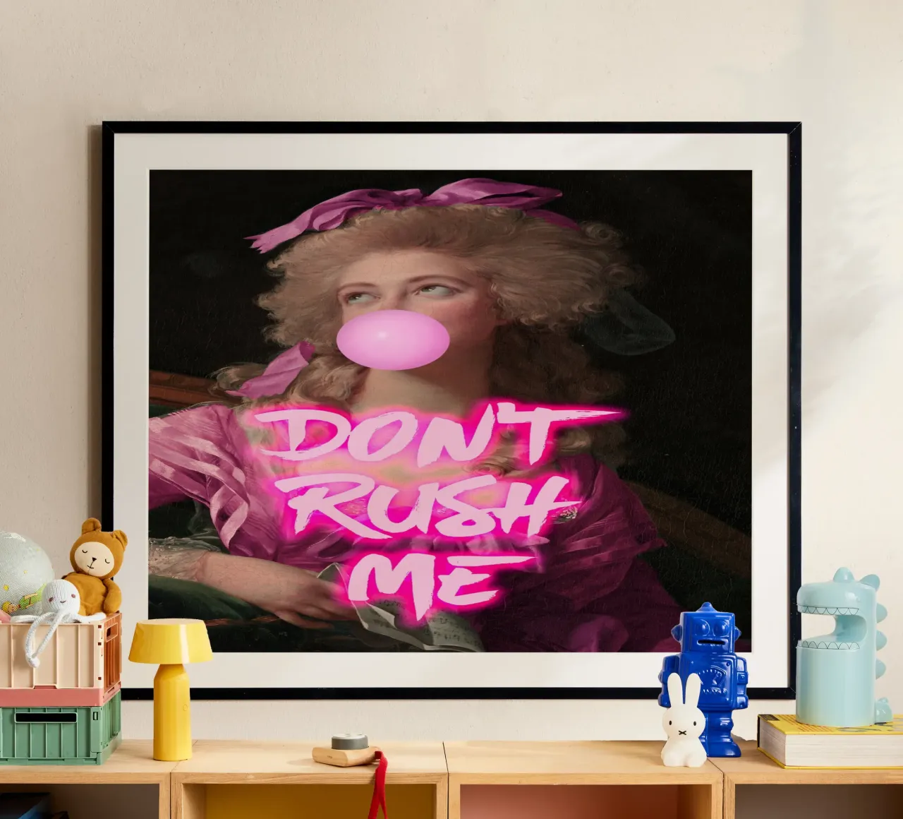 Neon Don't Rush Me Feminine Bubble Gum Art poster con telaio in legno da GraceDigitalArtCo