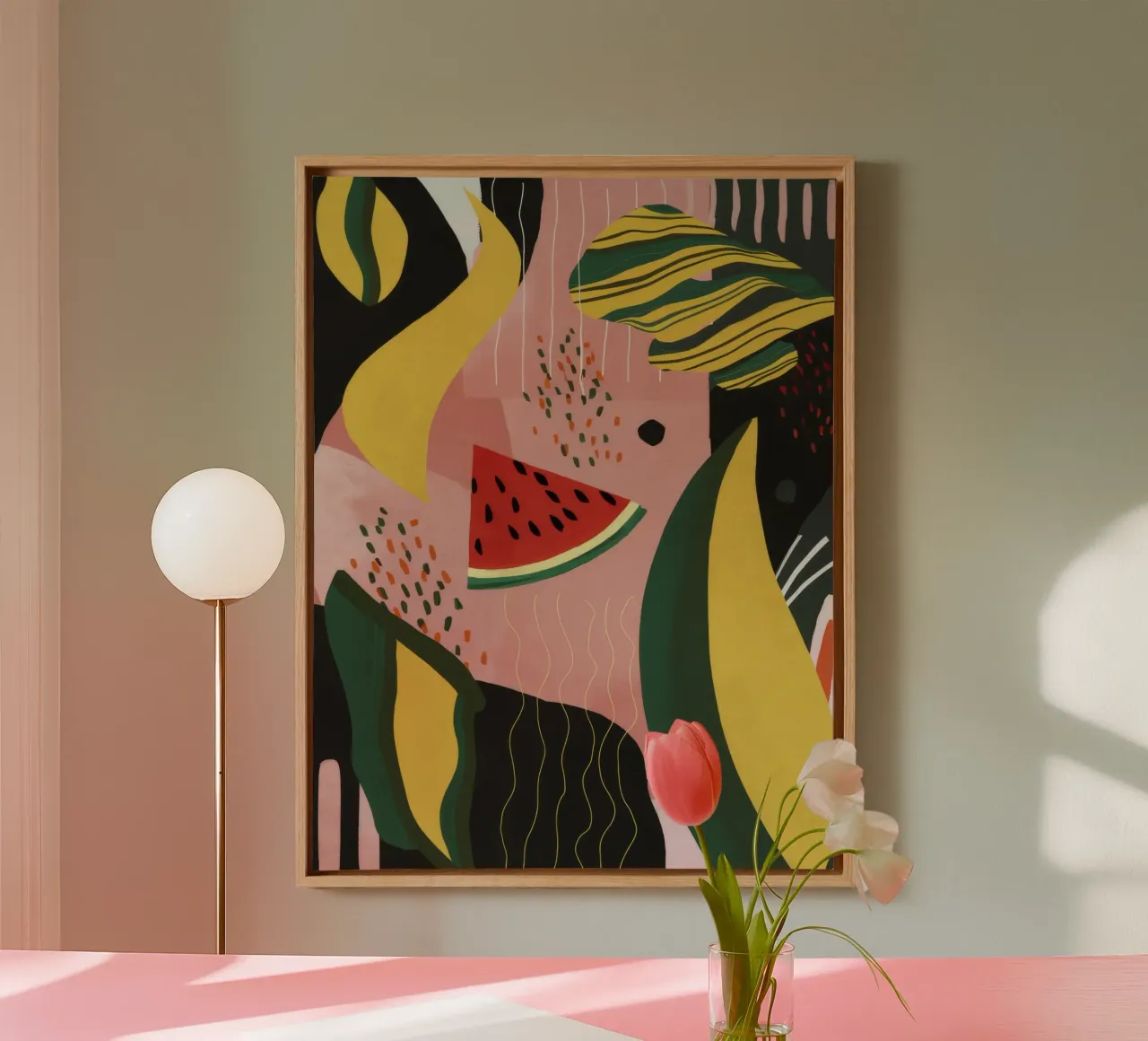 Abstract Watermelon Pop canvas with Floater frame by Paez Harmony