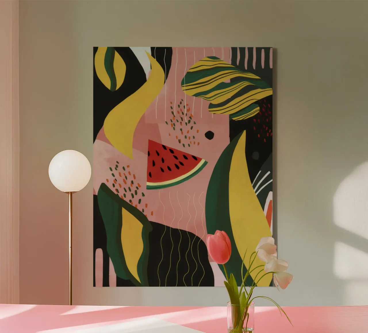 Abstract Watermelon Pop canvas with Floater frame by Paez Harmony