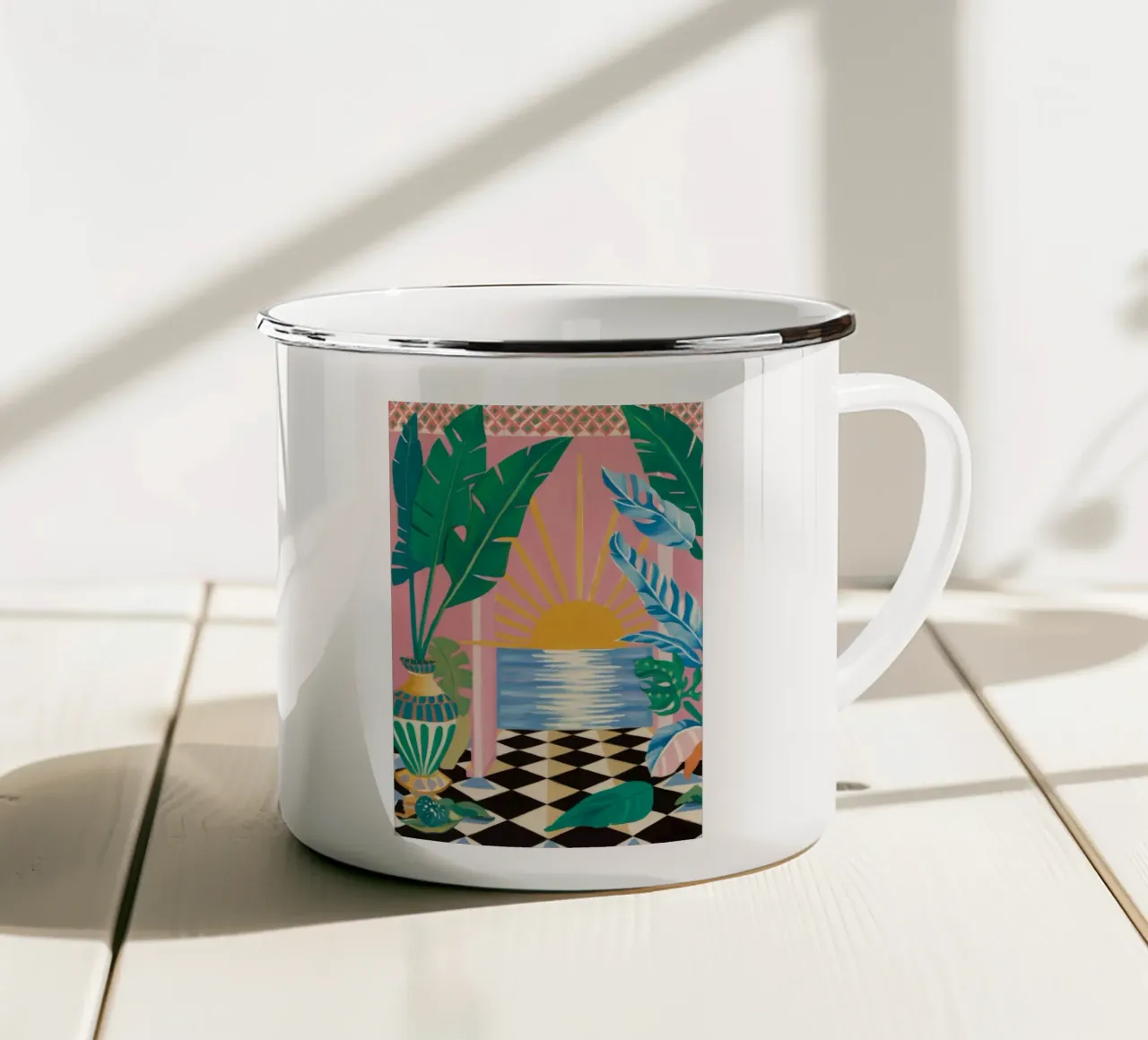 Checkerboard zonsondergang Serenity emaille mok van Grande Serene