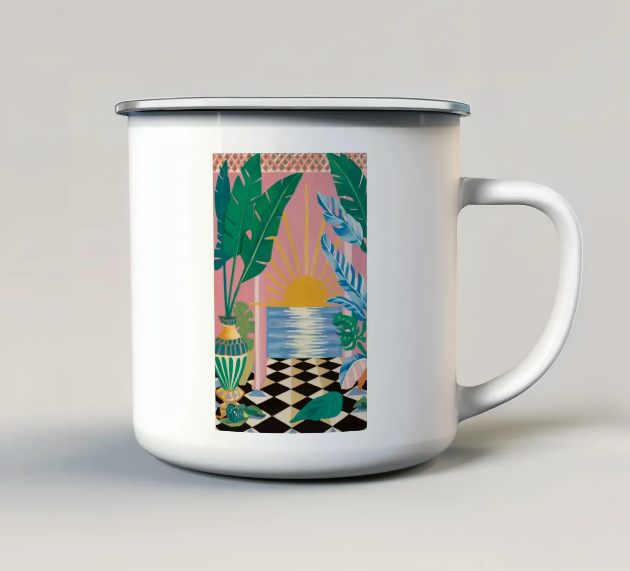 Checkerboard zonsondergang Serenity emaille mok van Grande Serene