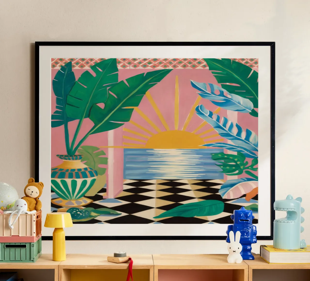 Serenità del tramonto a scacchiera poster con telaio in plastica da Grande Serene