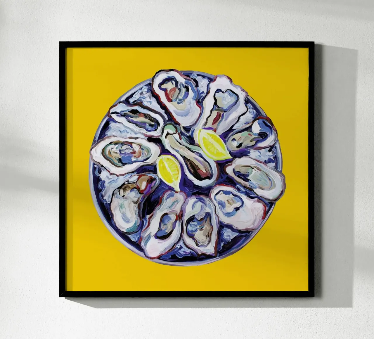 Oysters On A Plate Yellow poster con telaio in alluminio da Alice Straker