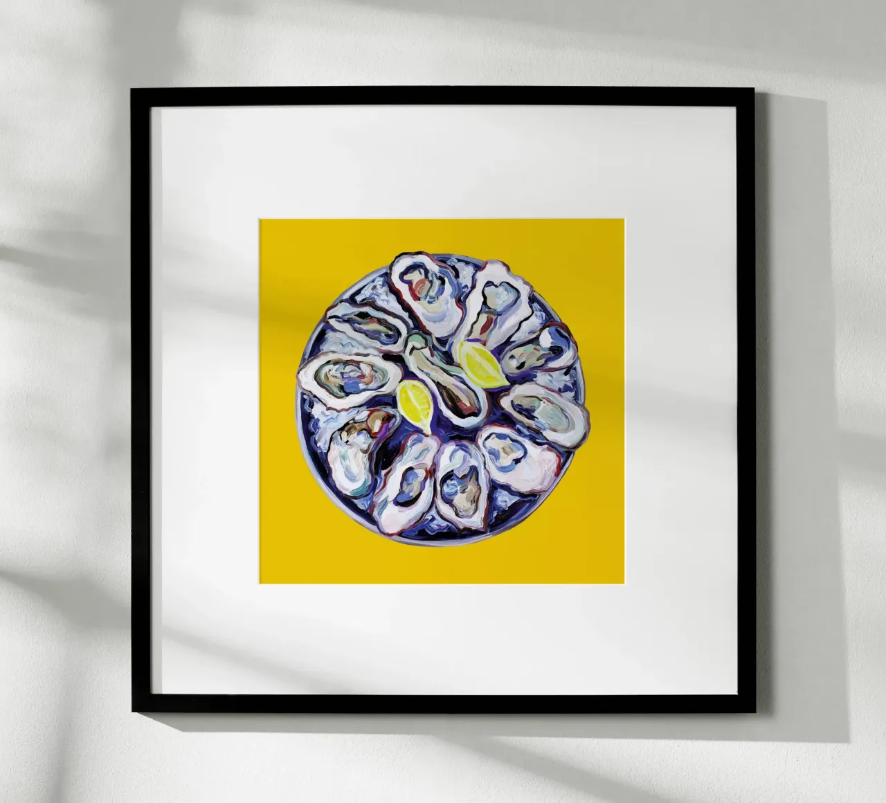 Oysters On A Plate Yellow poster con telaio in alluminio da Alice Straker