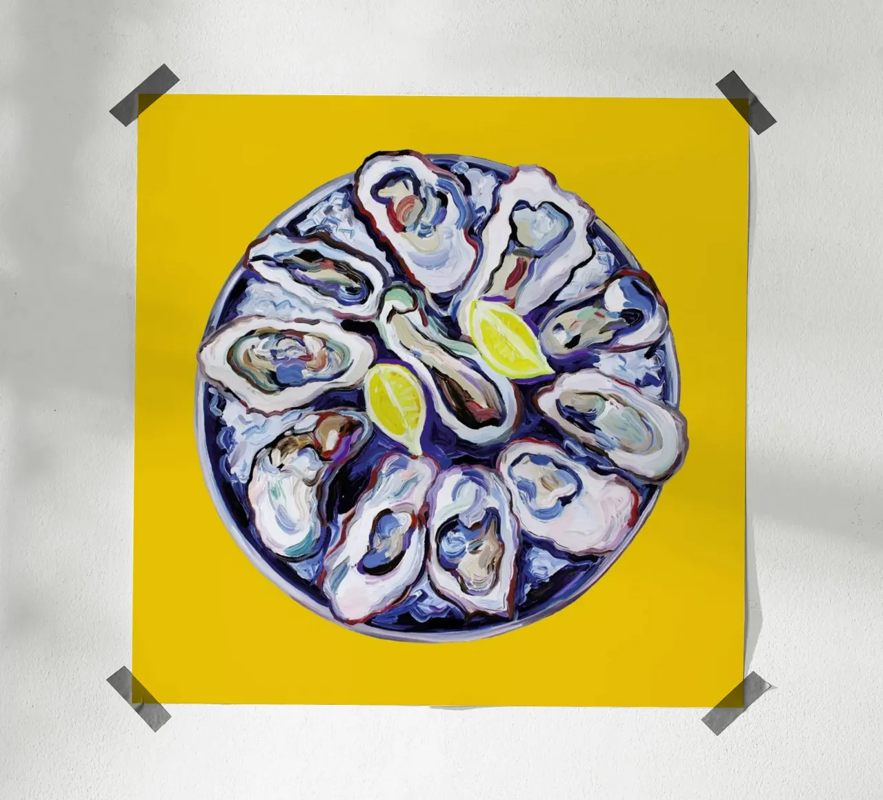 Oysters On A Plate Yellow poster con telaio in alluminio da Alice Straker