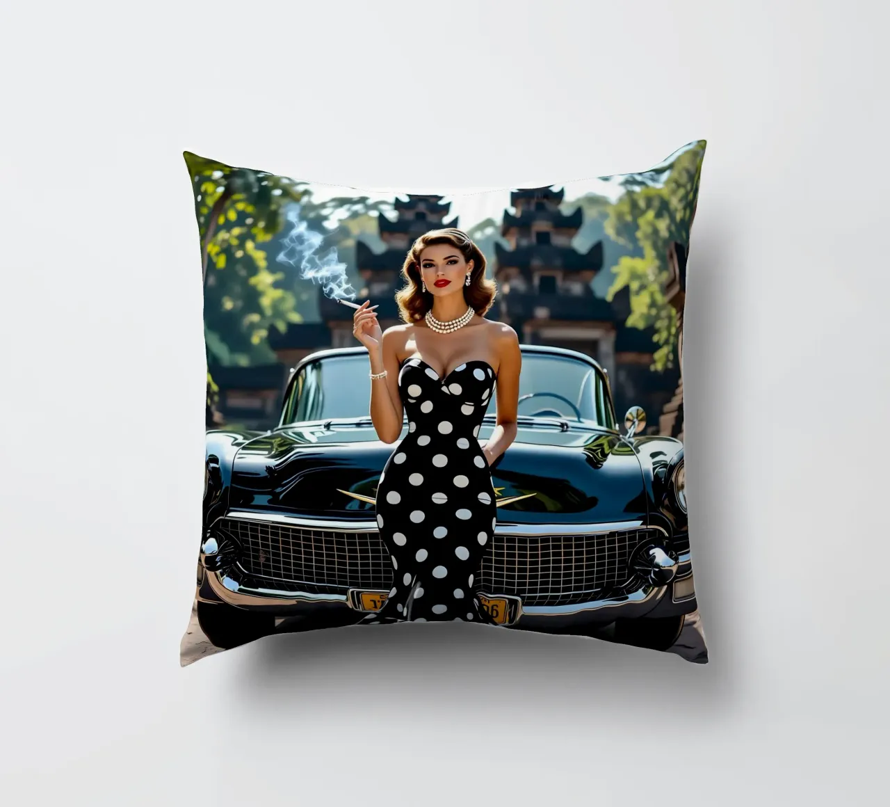 Dame mit Cadillac im Dschungel Kissen von Anita's Dream